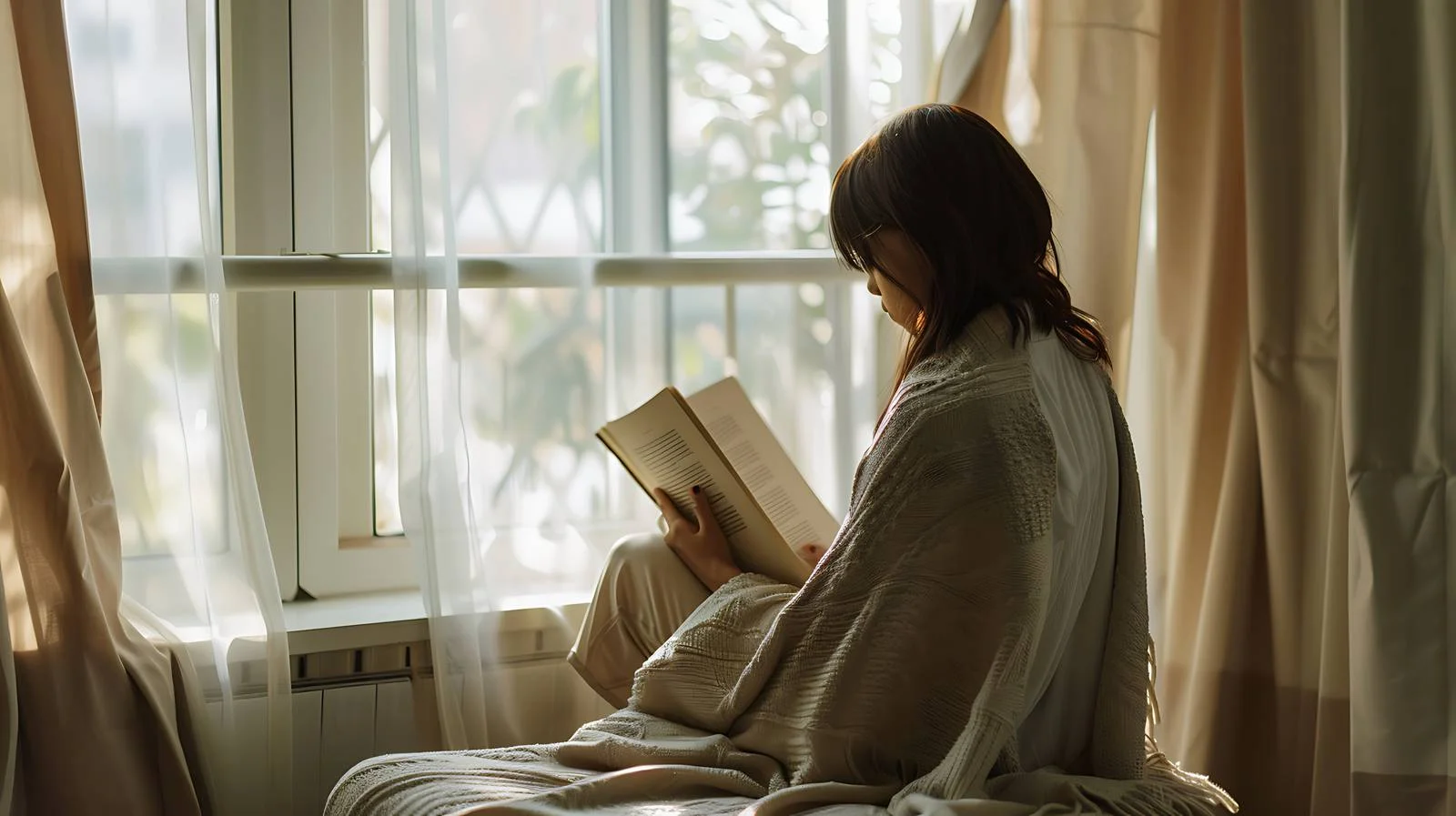 Cozy Woman by Window Blanket Portrait — free download from Dotvec