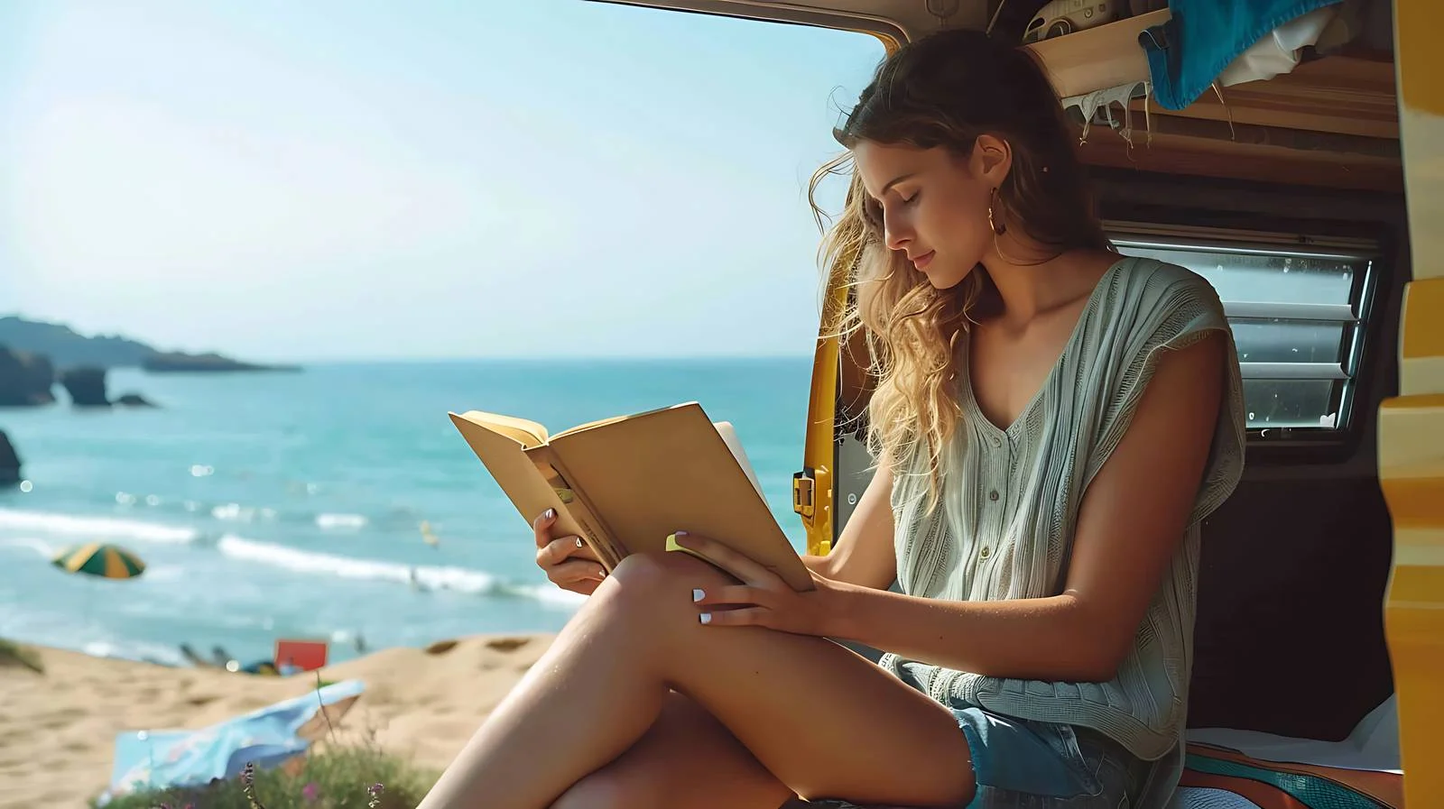 Traveler Writing in Camper Van Interior — free download from Dotvec