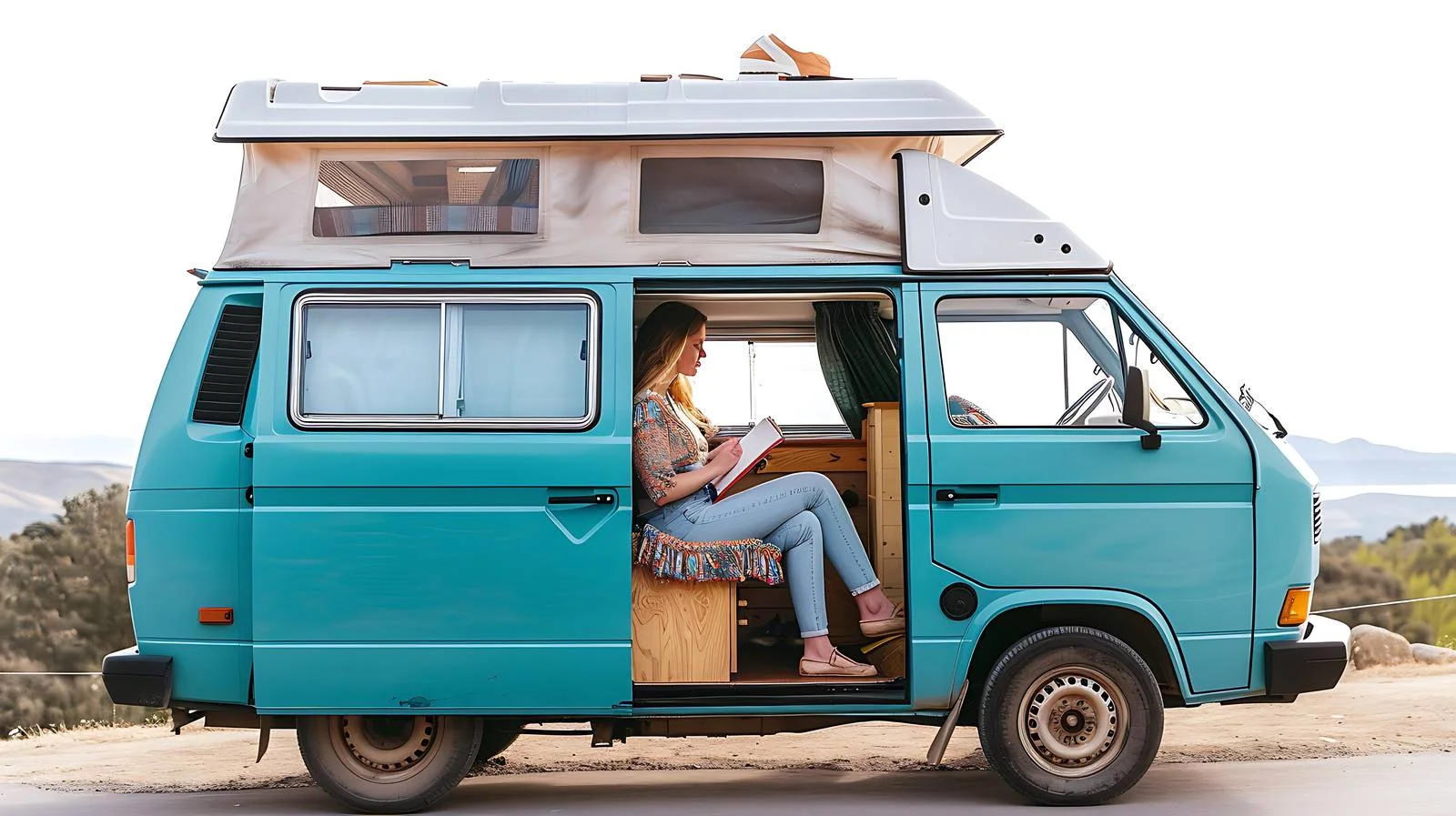 Traveler writing in camper van — free download from Dotvec