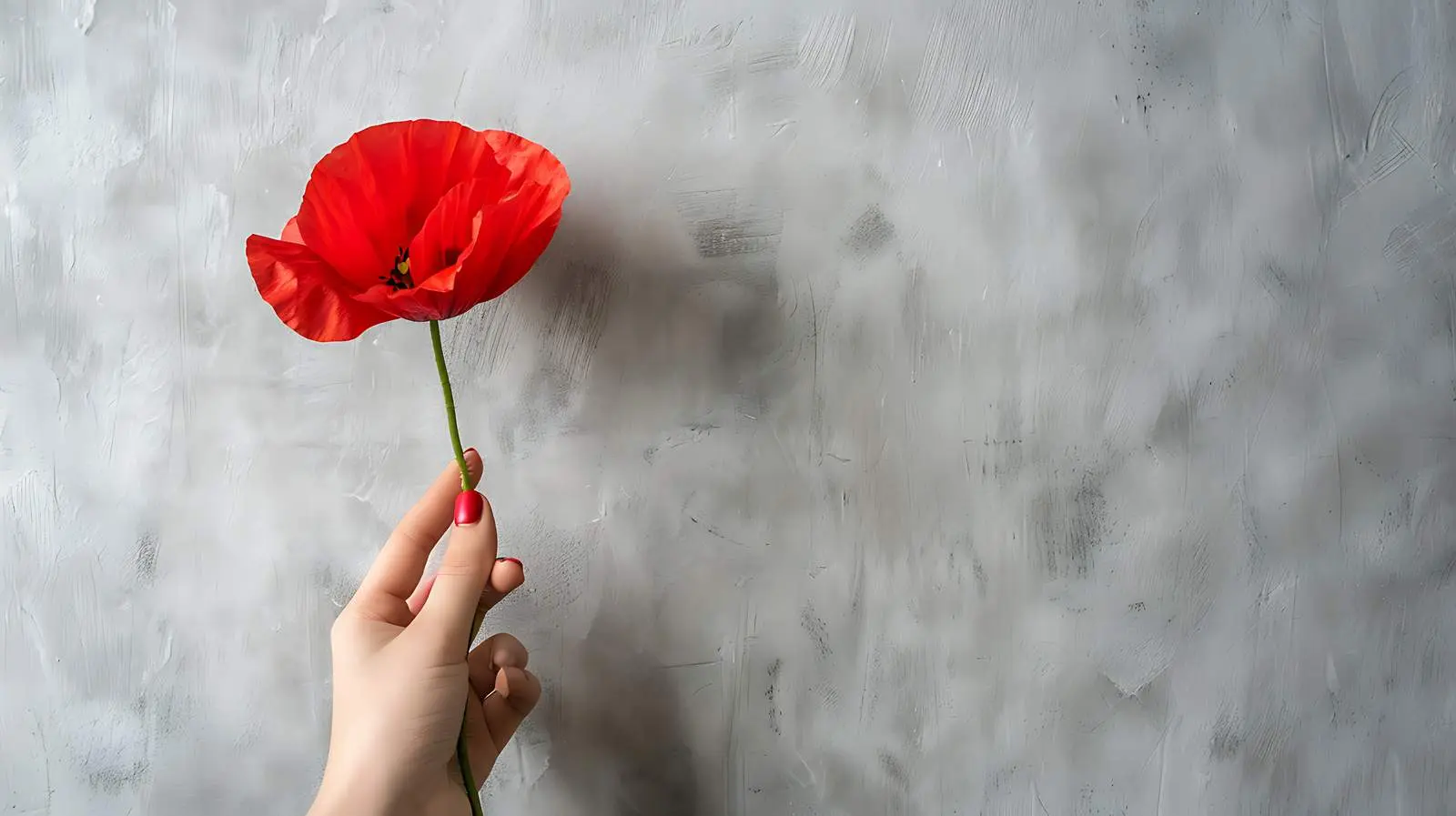 Woman Holding Red Poppy Flower Against Grey Wall — free download from Dotvec