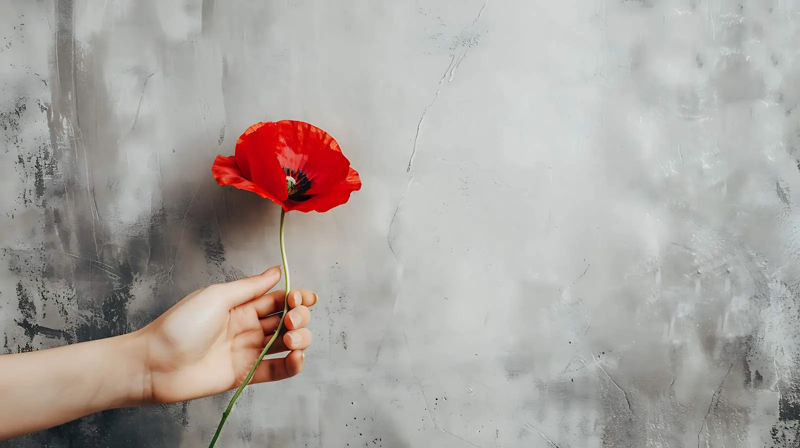 Woman Holding Red Poppy Flower Against Wall – free still image from Dotvec