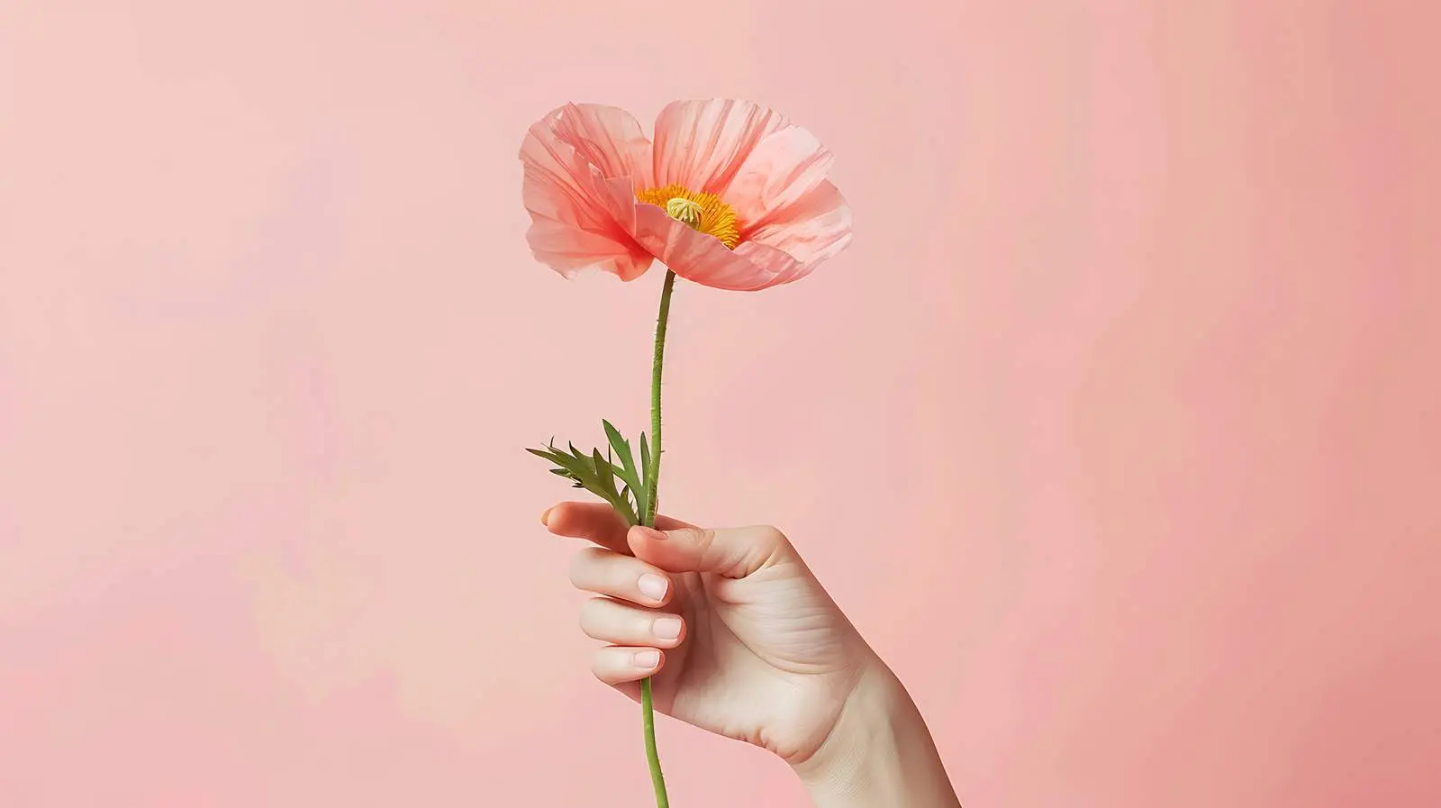 Woman Holding Peachy Poppy Flower on Pink Background – free grace image from Dotvec