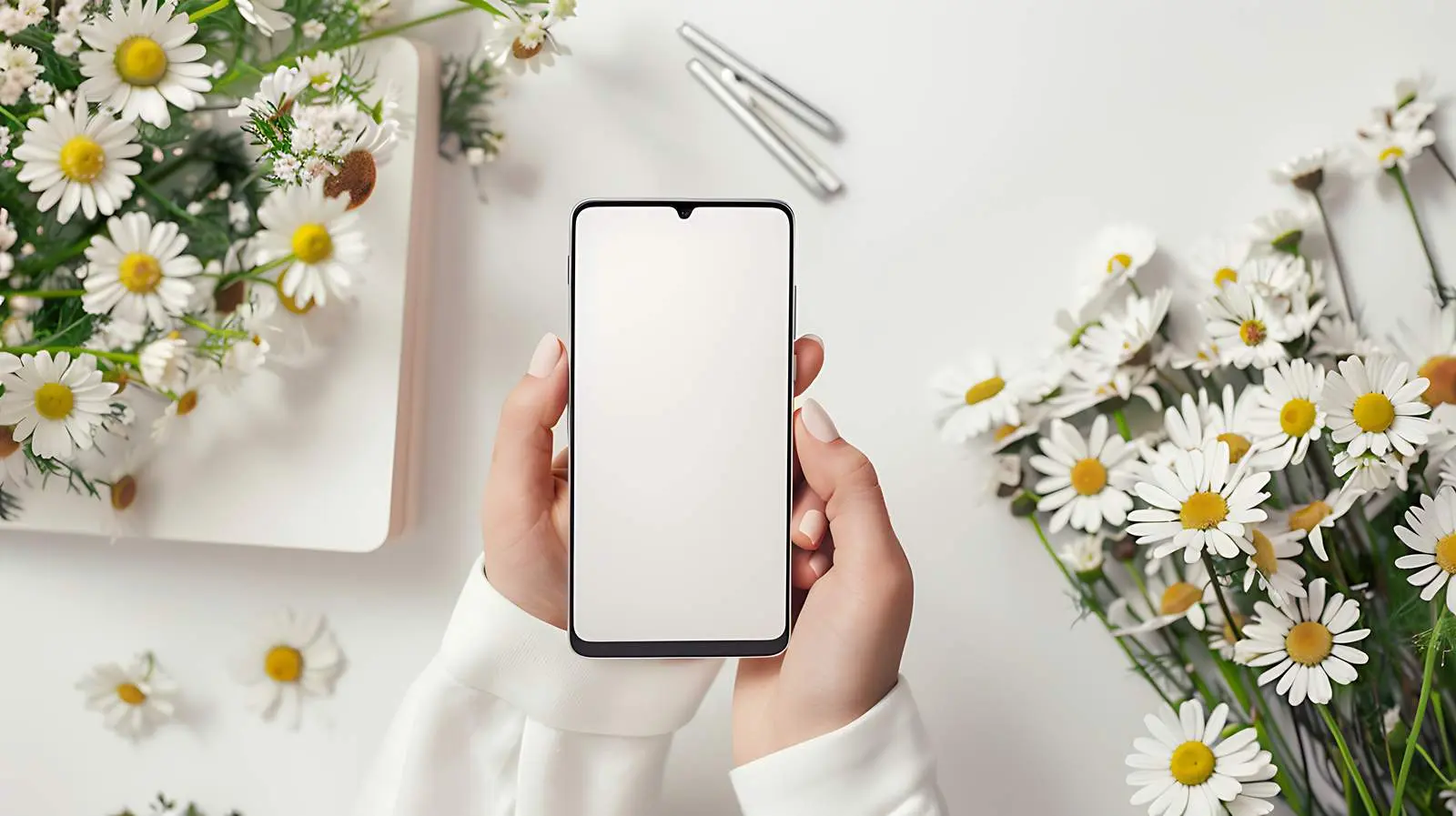 Woman Holding Smartphone in Home Office Setting — free download from Dotvec