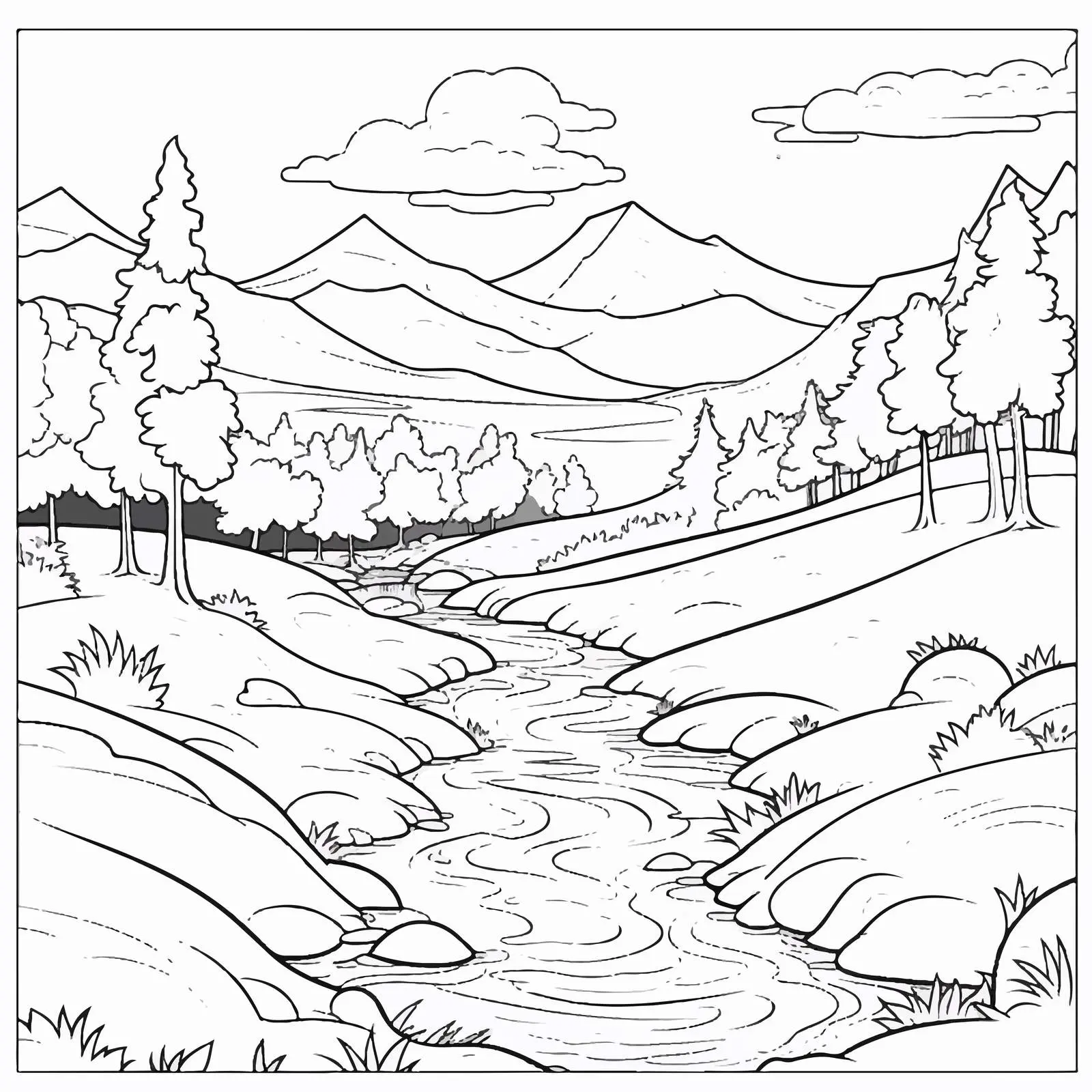 Charming Natural Landscape Coloring Page for Kids – free outdoor design image from Dotvec