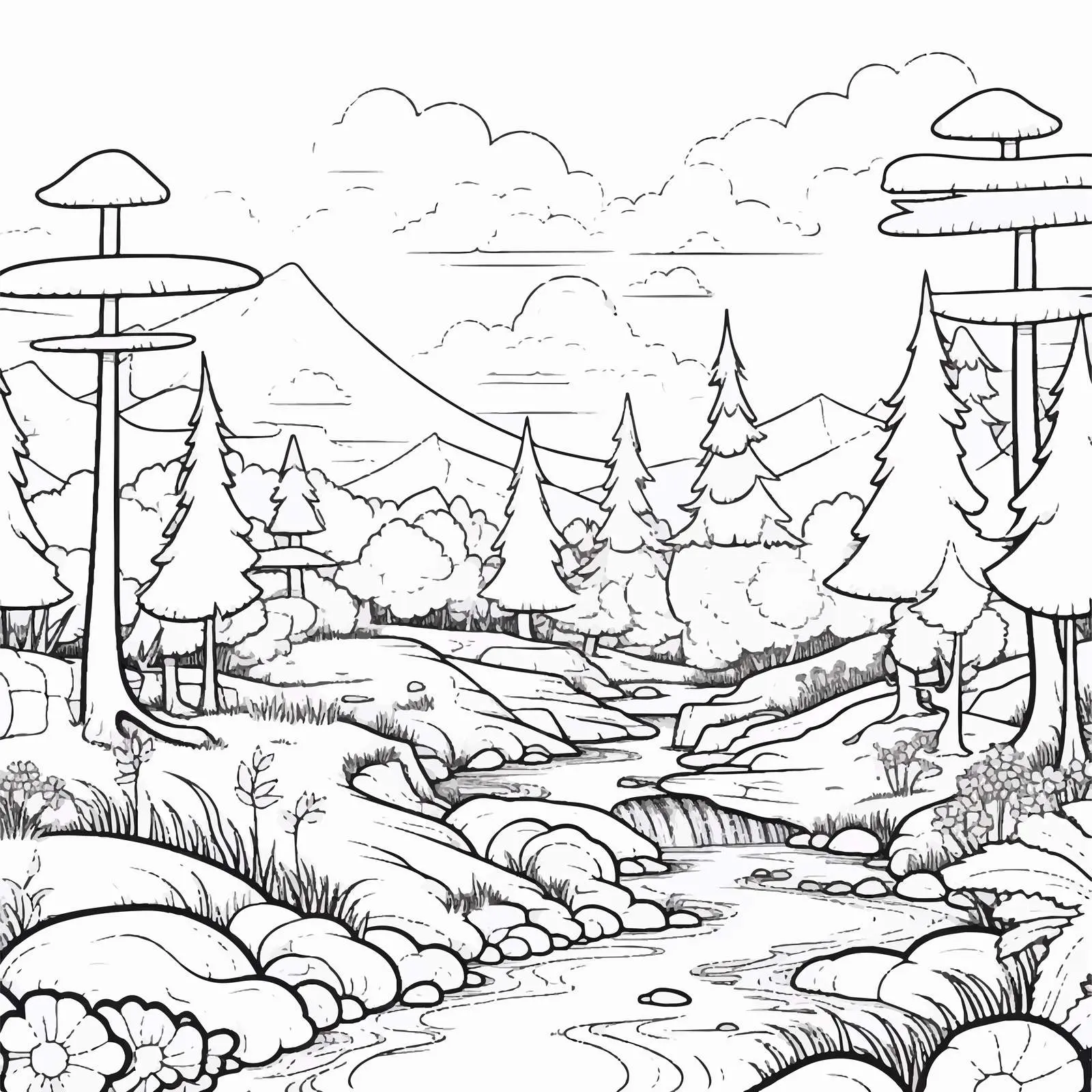 Natural Landscape Coloring Page for Kids – free recreational image from Dotvec