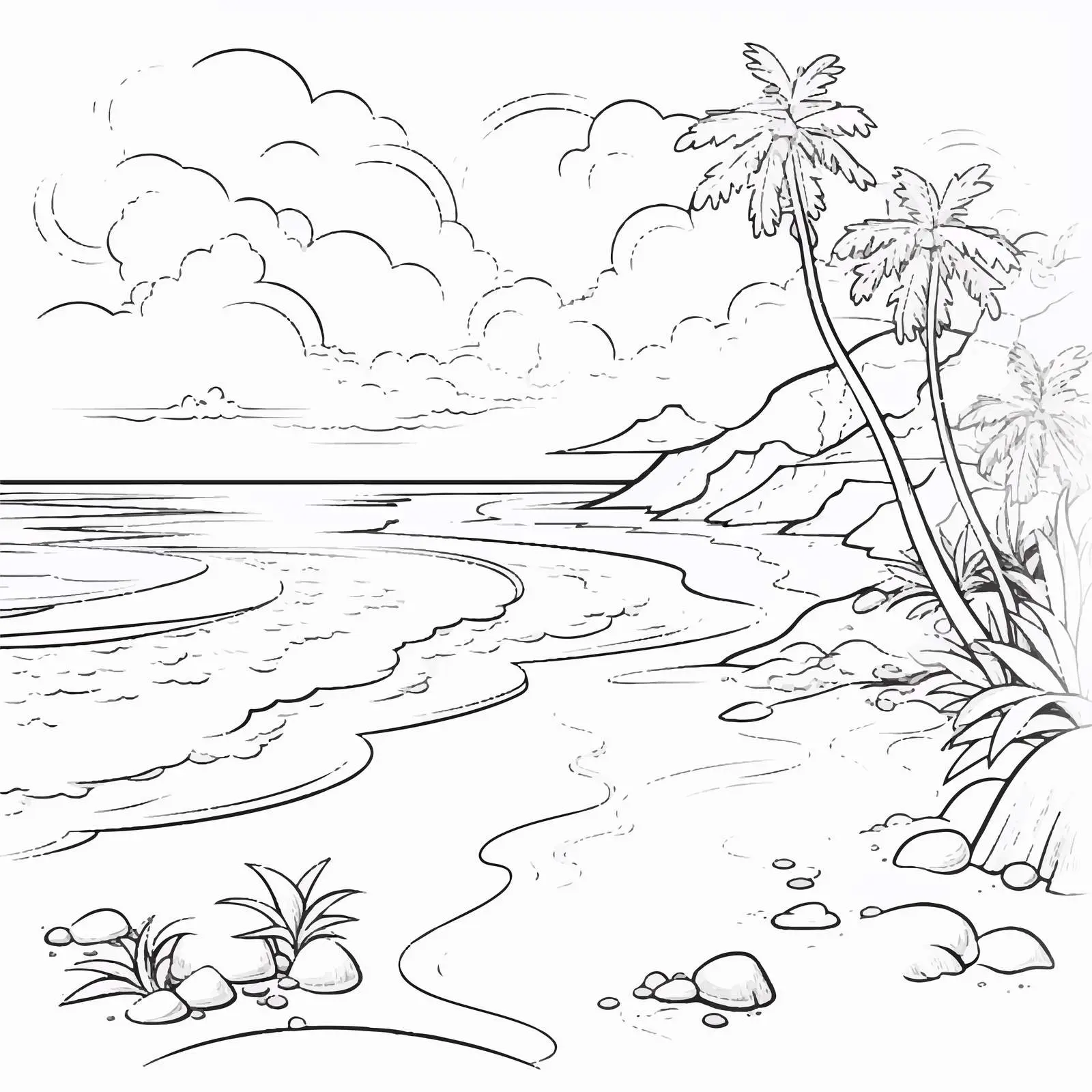 Beautiful Natural Landscape Beach Coloring Page — free download from Dotvec