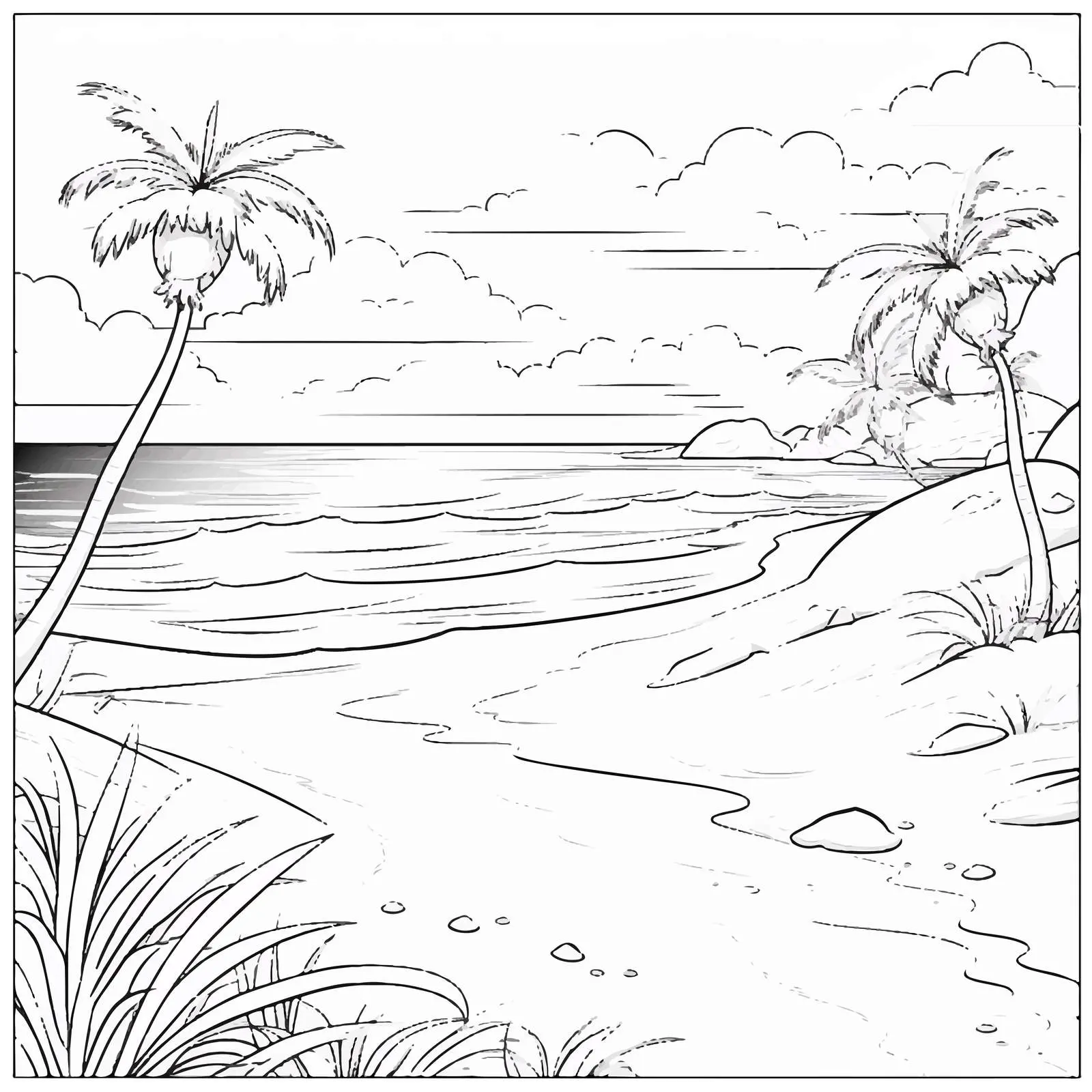 Natural Beach Landscape Coloring Page – free creative education image from Dotvec