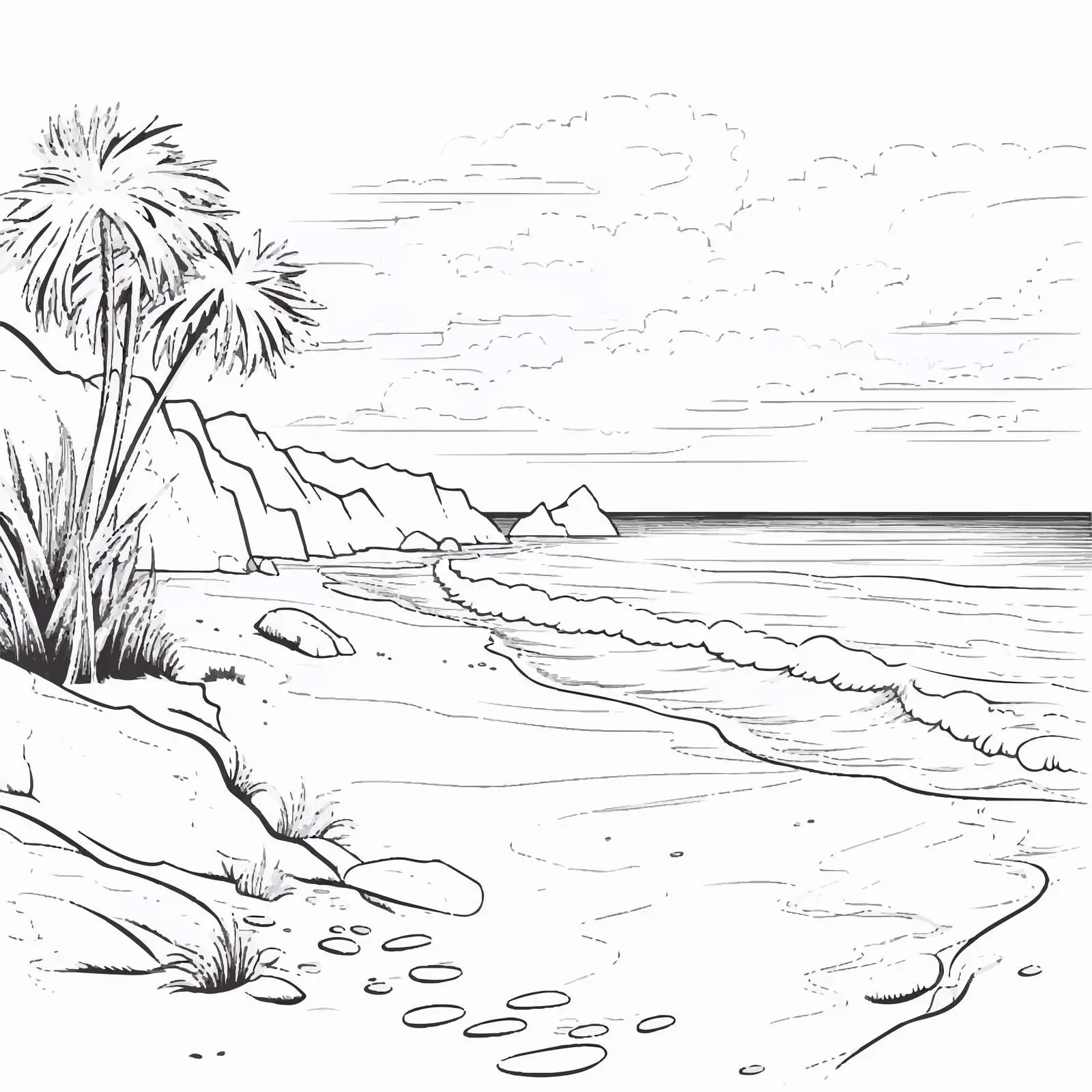 Natural Beach Landscape Coloring Page — free download from Dotvec