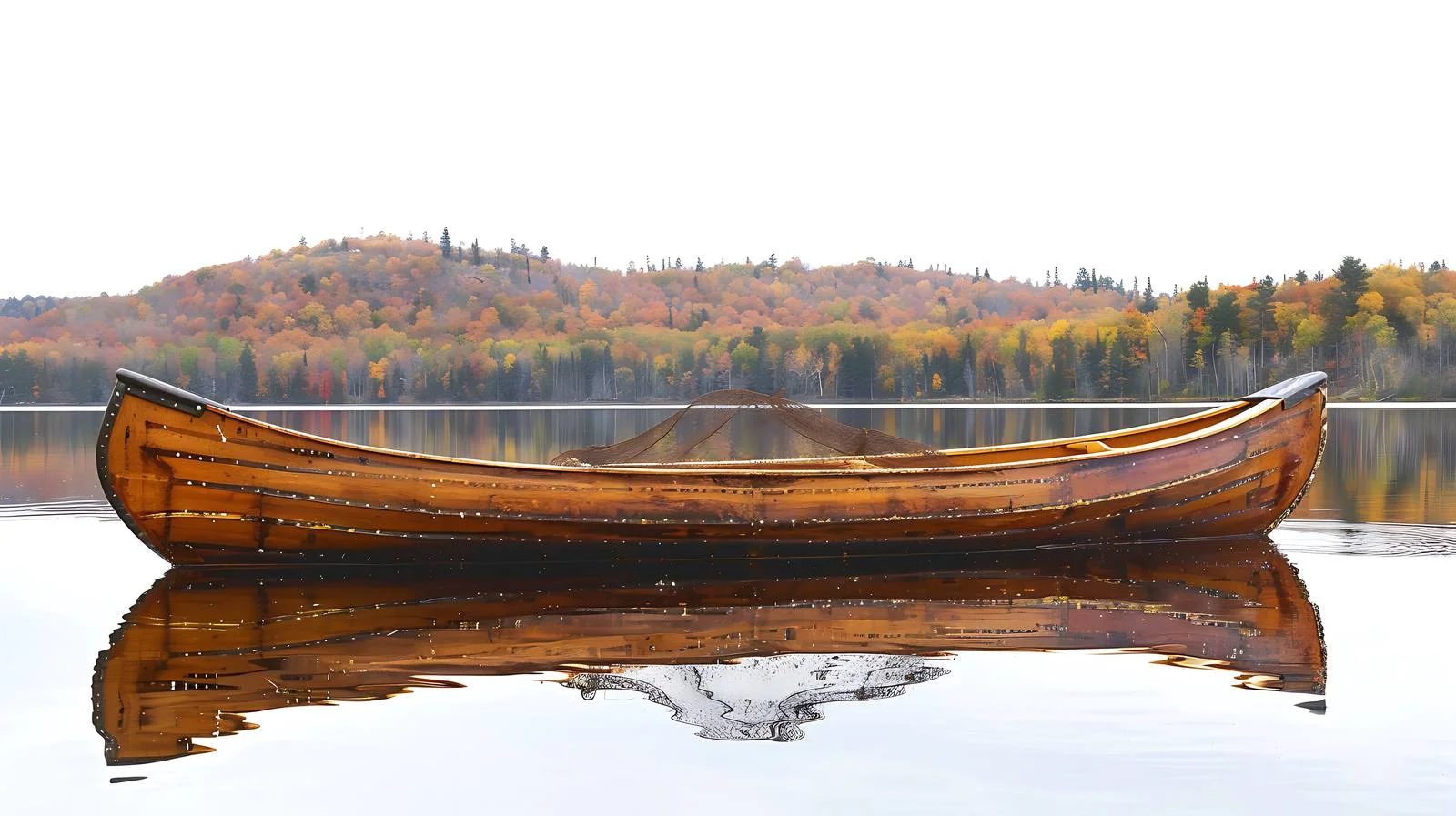 Classic Canoe with Old Fishing Gear by Calm Lake — free download from Dotvec