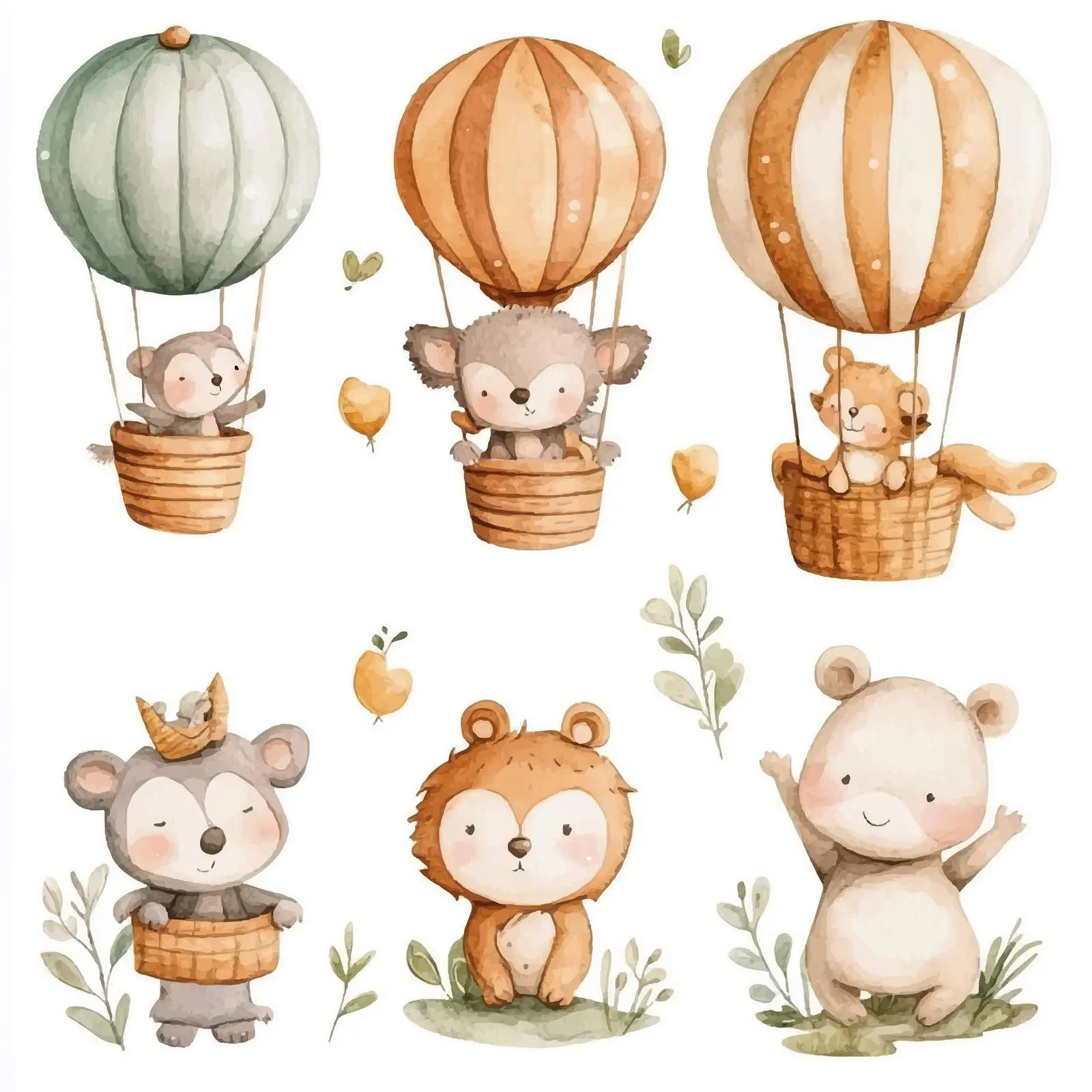 Watercolor Illustrations of Woodland Animals with Balloons — free download from Dotvec