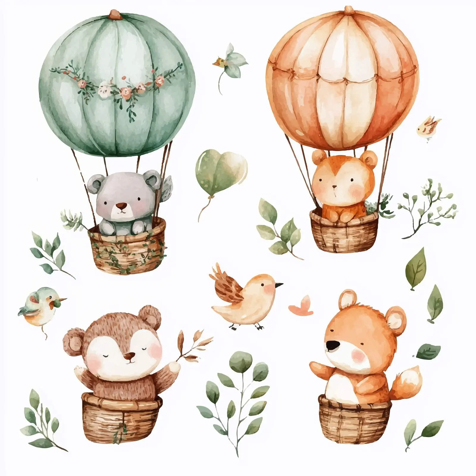 Wooded Animals Riding Balloons Watercolor Illustrations — free download from Dotvec