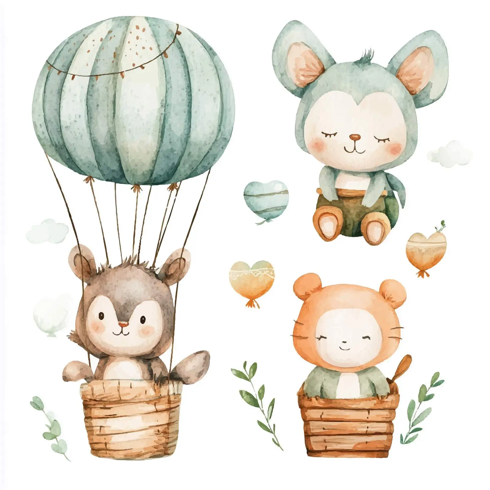 Whimsical Watercolor Animals with Balloons – free forest animals image from Dotvec