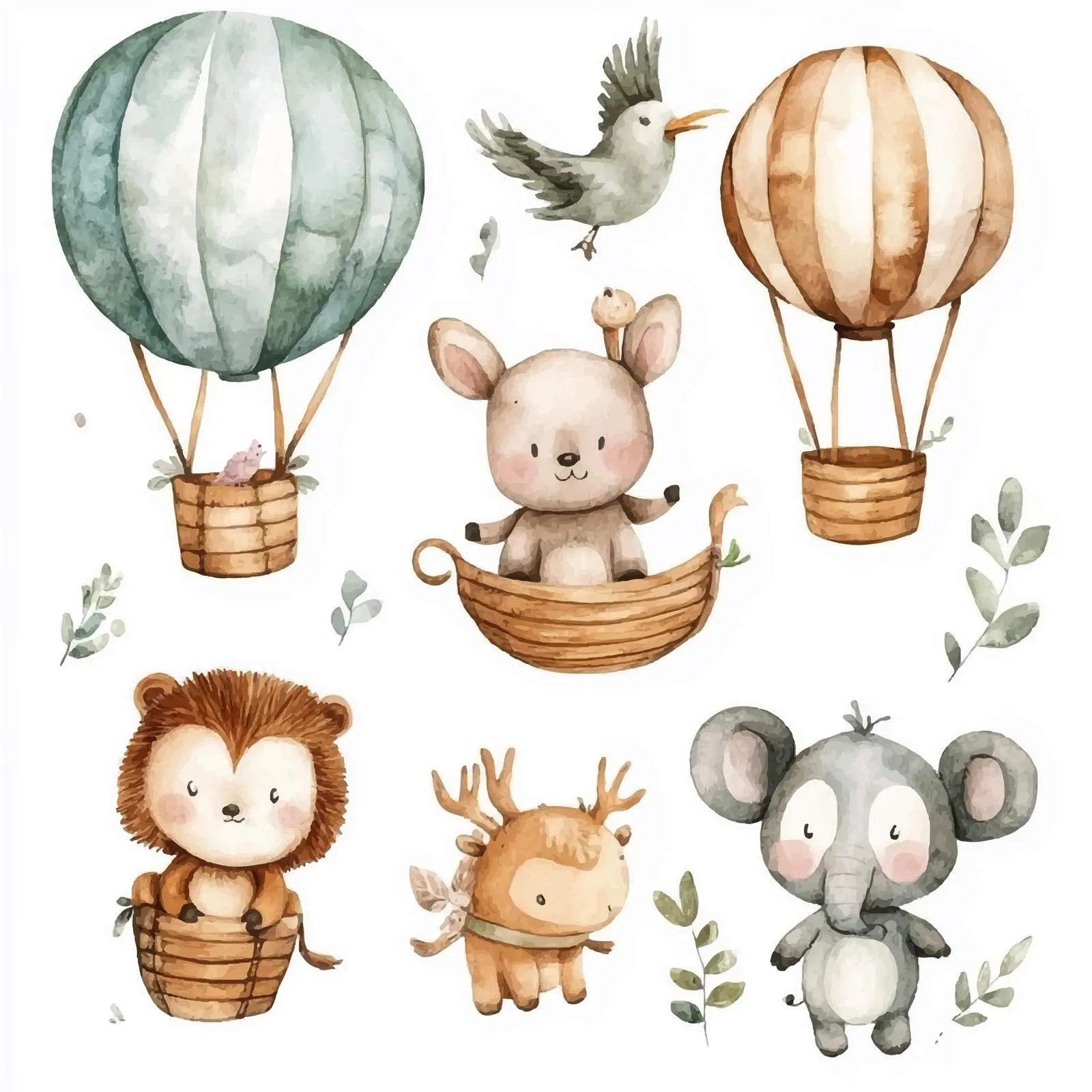 Wooded Animals Riding Balloons Watercolor Illustrations — free download from Dotvec