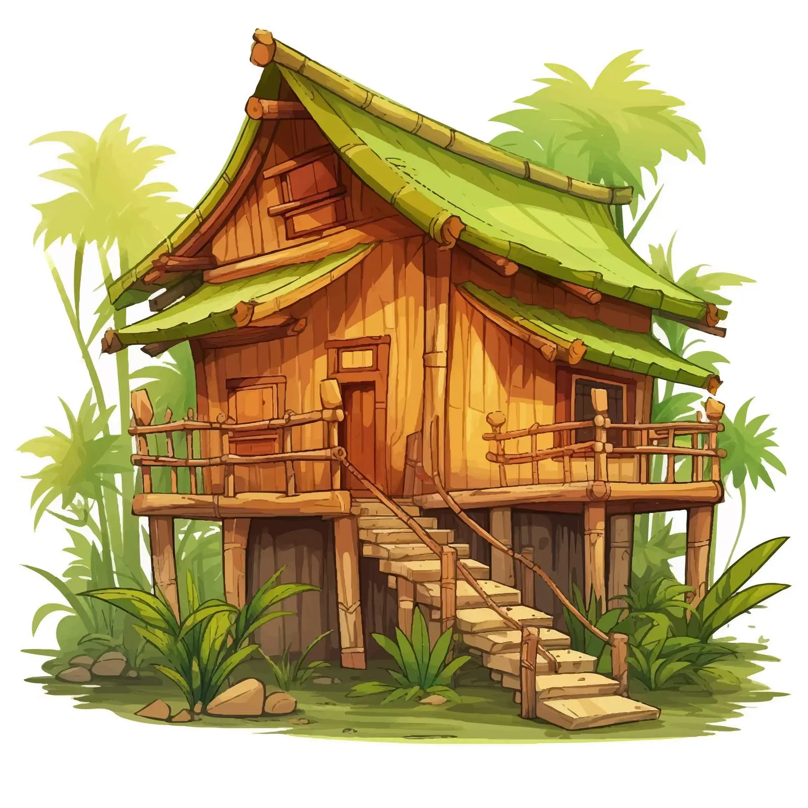 Wooden Cabin in Bamboo Forest Illustration — free download from Dotvec