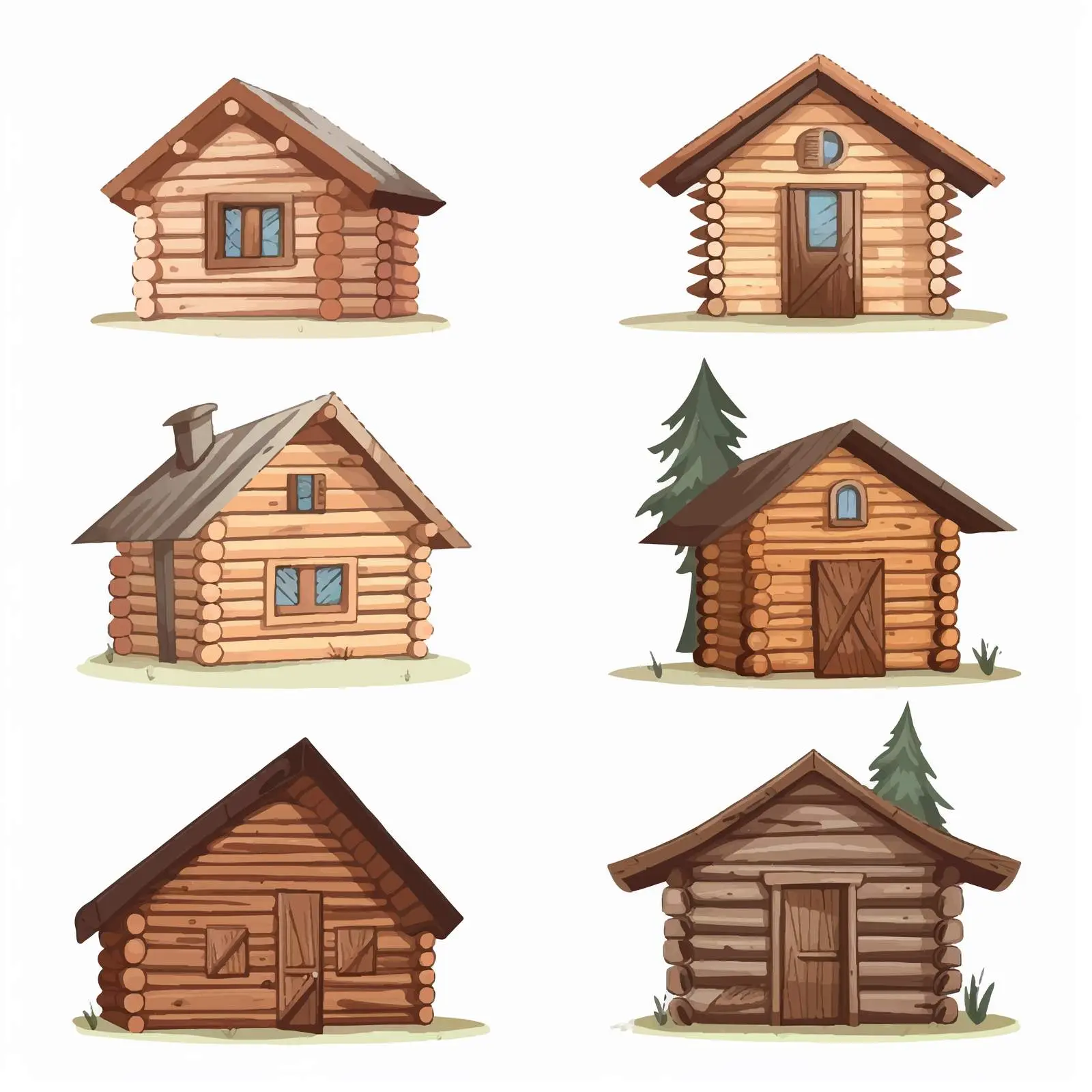 Cartoon Wooden Cabins on White Background – free rural scene image from Dotvec