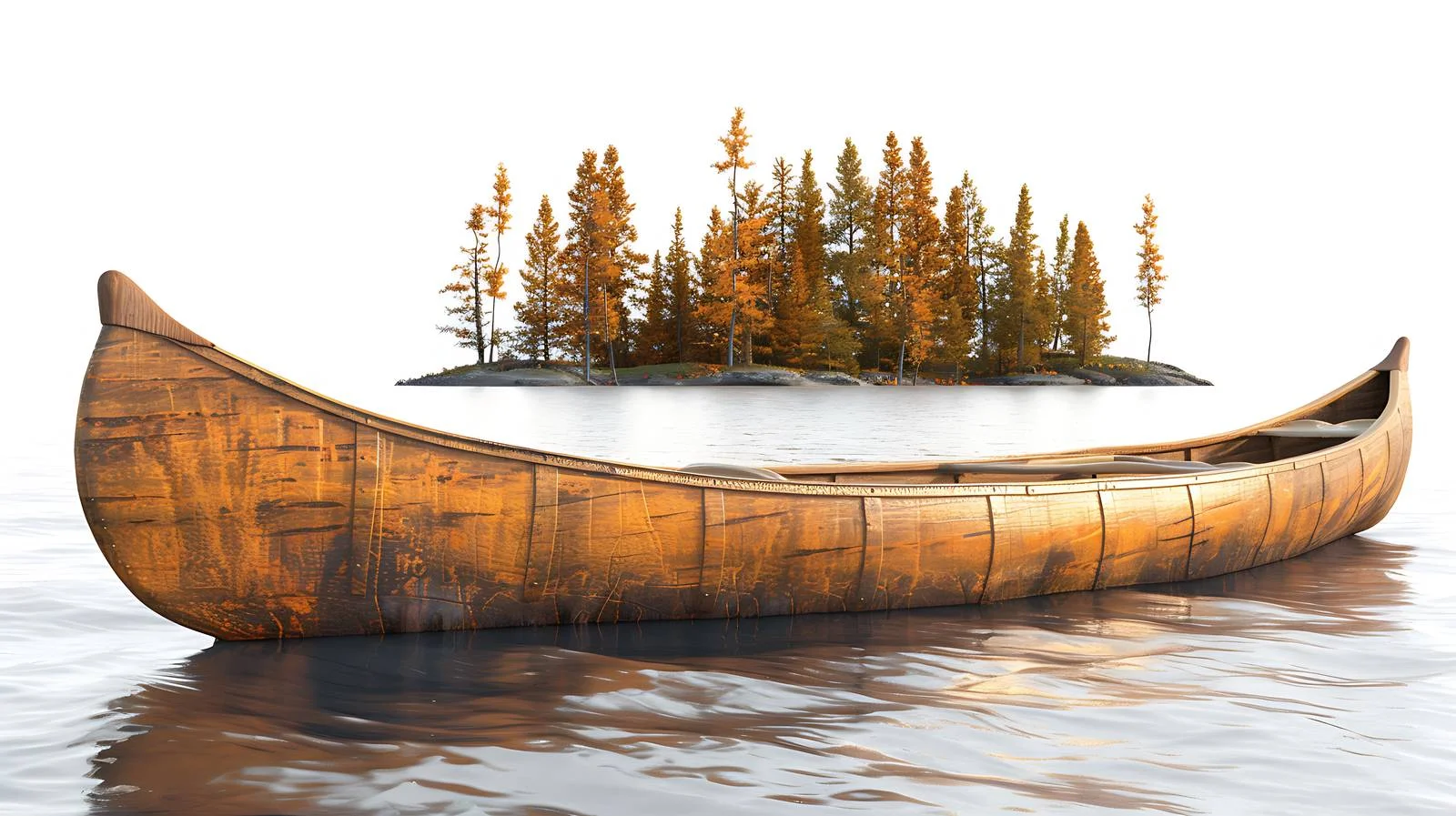Tranquil wooden canoe glides on serene lake — free download from Dotvec