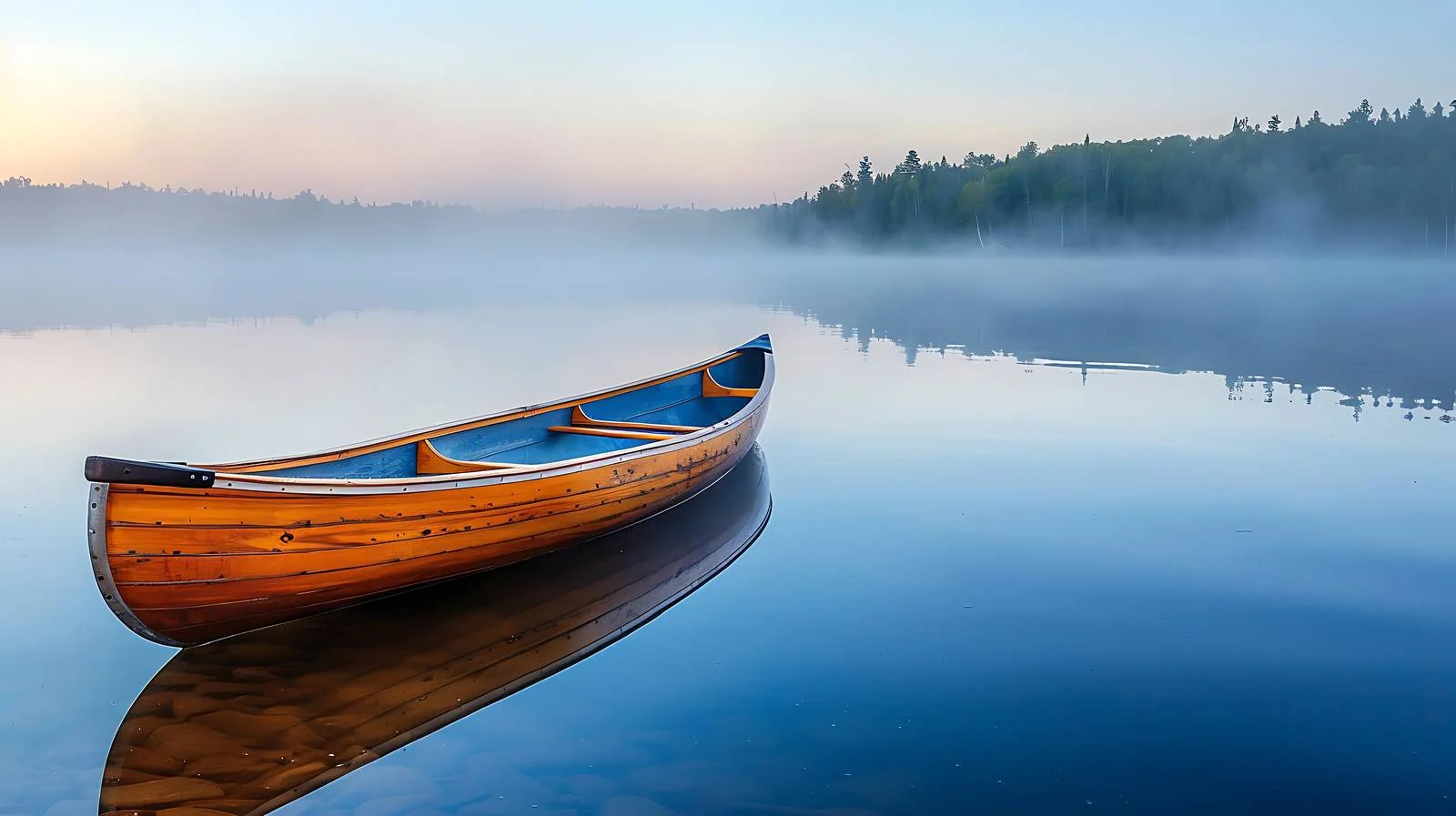 Serene Wooden Canoe on Blue Waters at Sunrise — free download from Dotvec