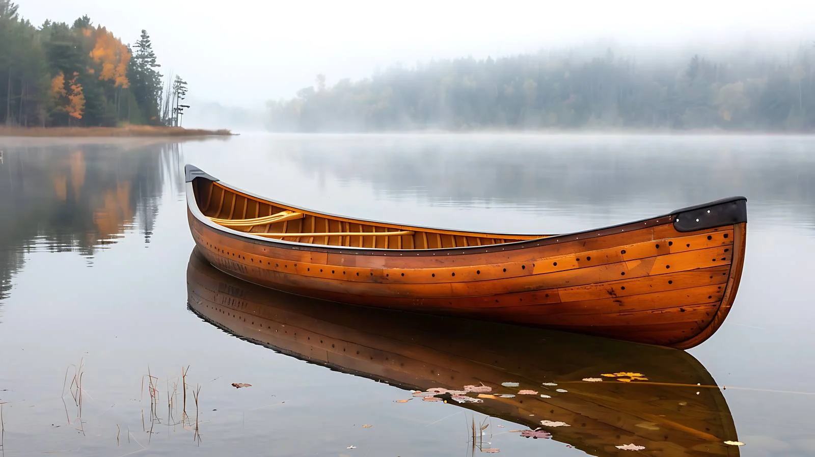 Serene Wooden Canoe on Blue Lake at Sunrise — free download from Dotvec