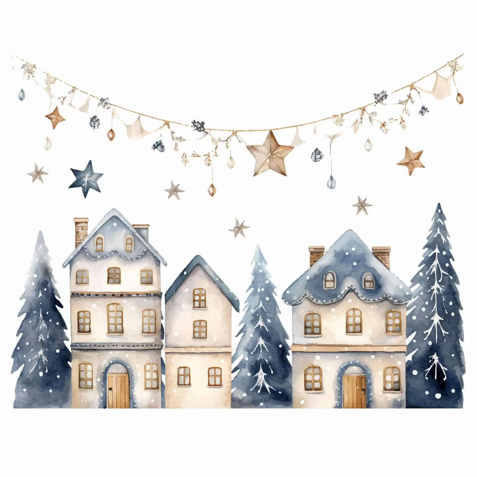 Wooden Garland with Houses and Snowflakes Watercolor — free download from Dotvec
