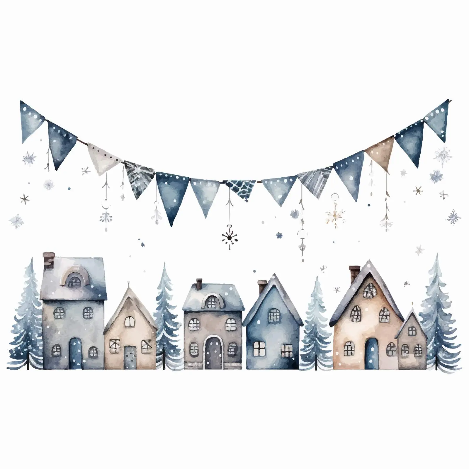 Watercolor Wooden Garland with Houses and Snowflakes – free art for home image from Dotvec