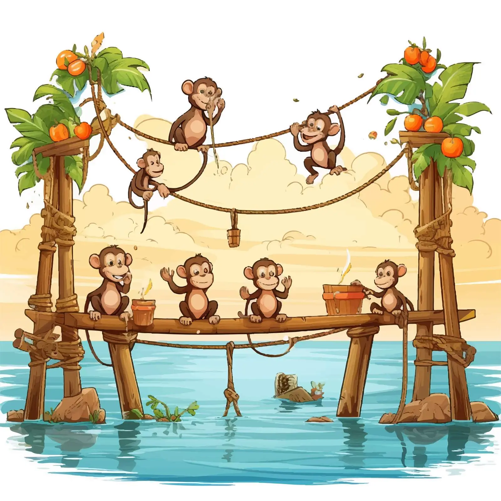 Monkeys Playing on a Wooden Pier Illustration — free download from Dotvec