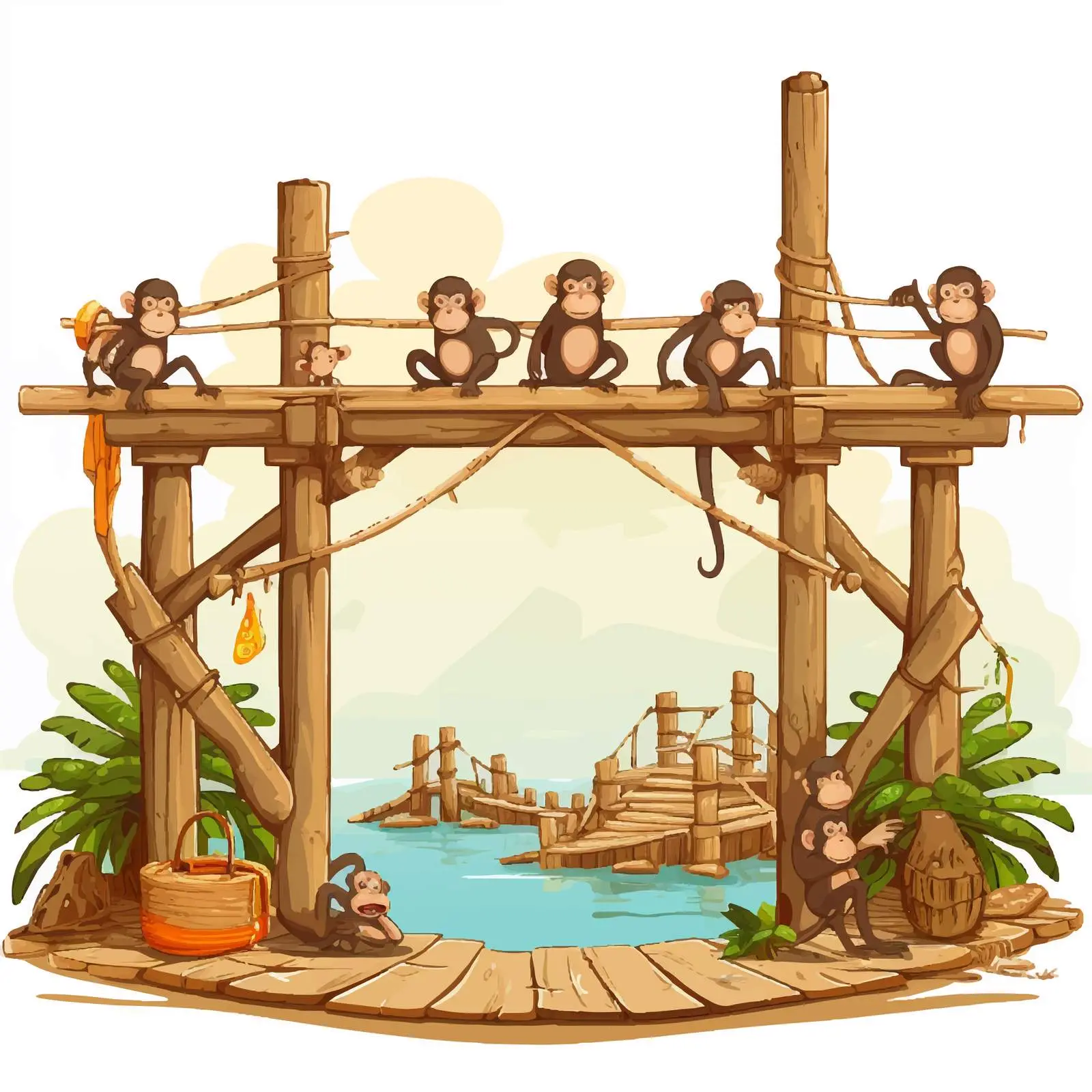 Wooden Pier with Monkeys Engaging in Activities — free download from Dotvec