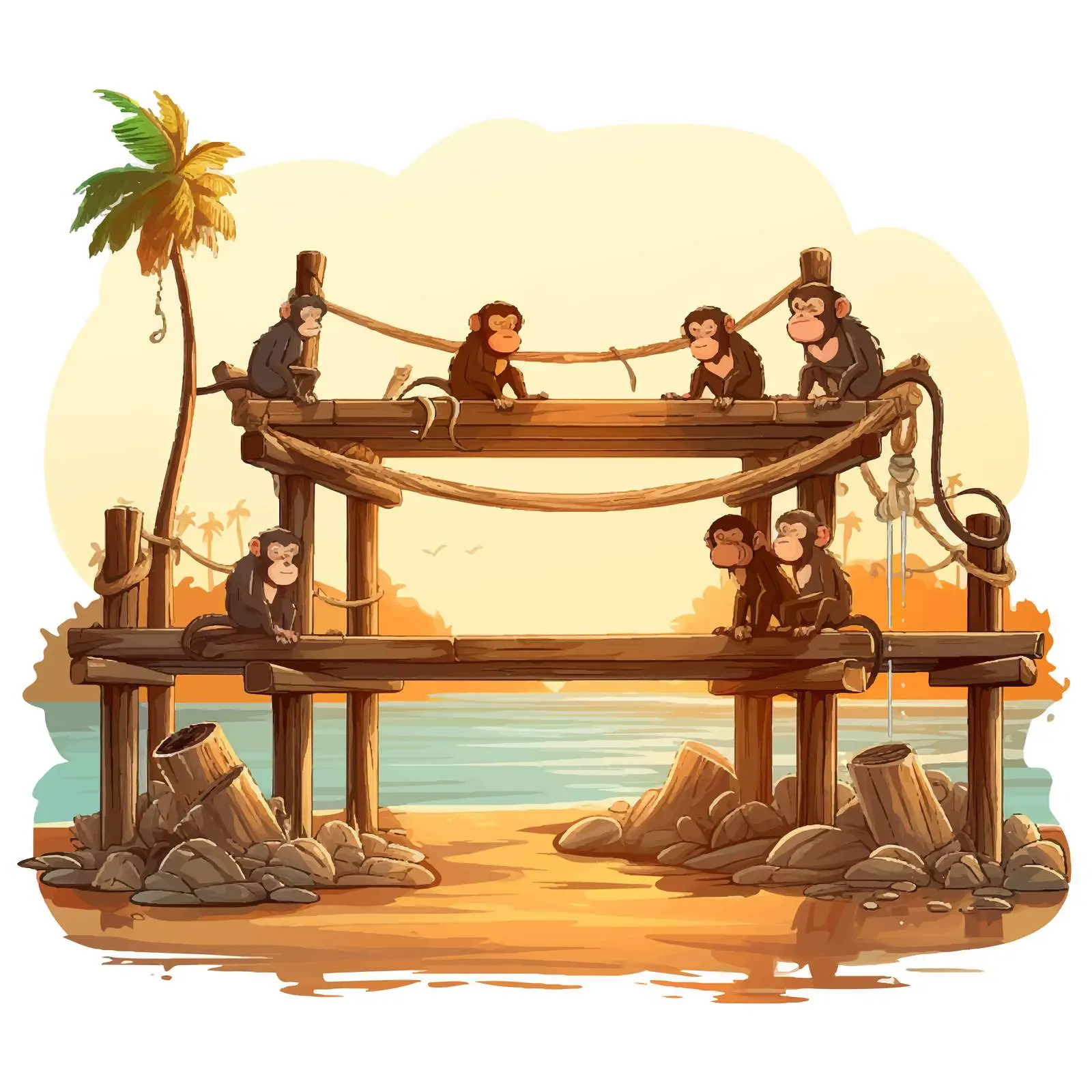 Monkeys Engaging in Fun Activities on Pier — free download from Dotvec
