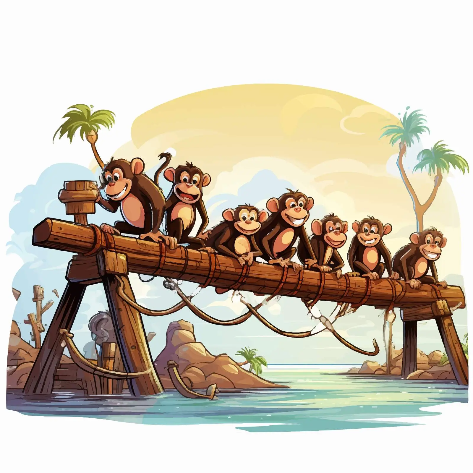 Monkeys Enjoying Activities on Wooden Pier — free download from Dotvec