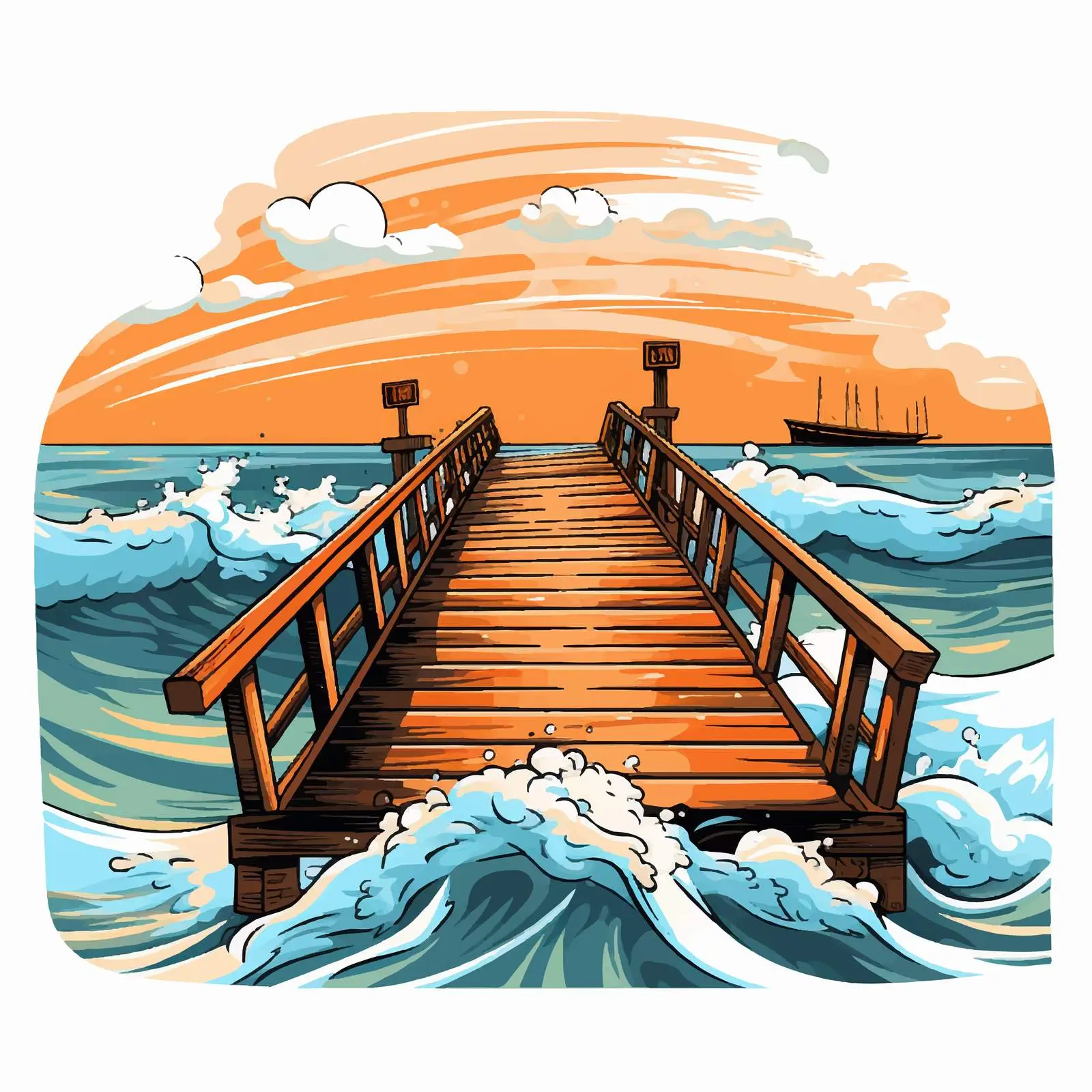 Wooden Pier with Ocean Waves Illustration – free nautical art image from Dotvec
