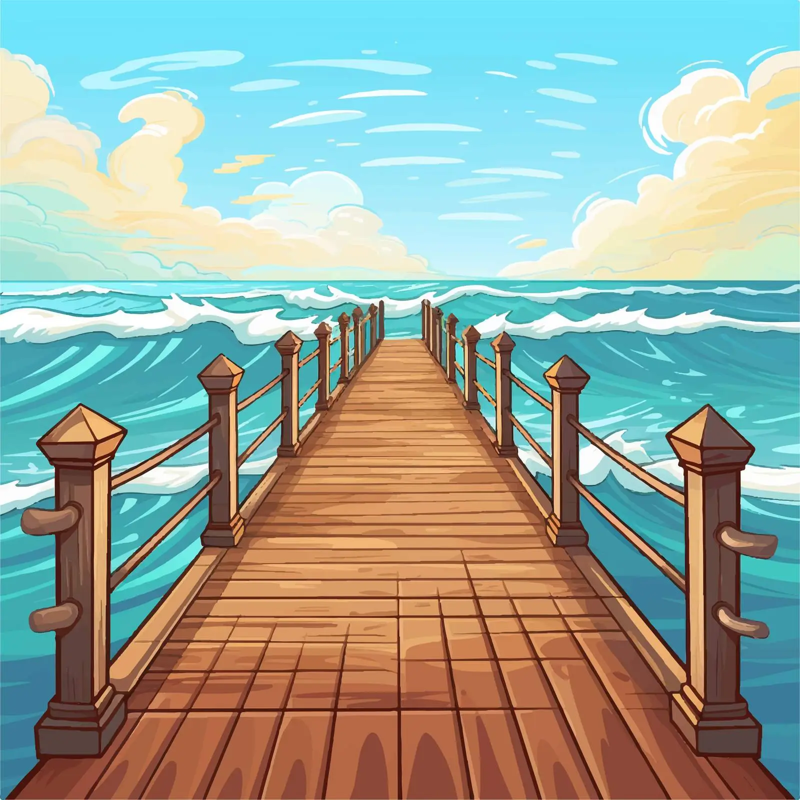 Wooden Pier with Ocean Waves Illustration – free ocean scenery image from Dotvec