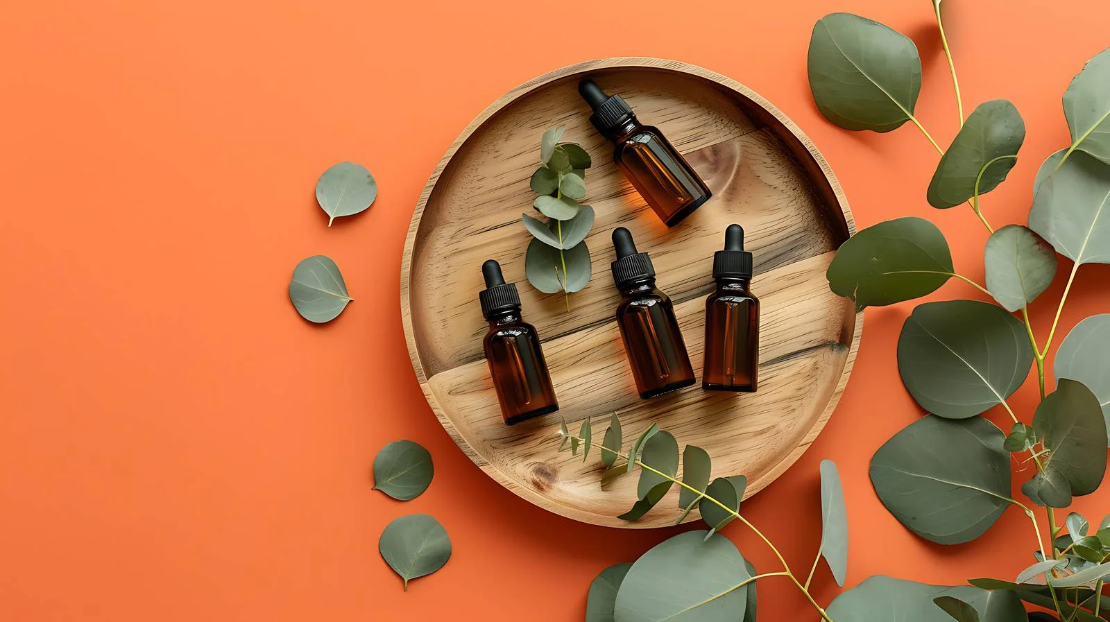 Cosmetic Oil Bottles on Wooden Plate — free download from Dotvec