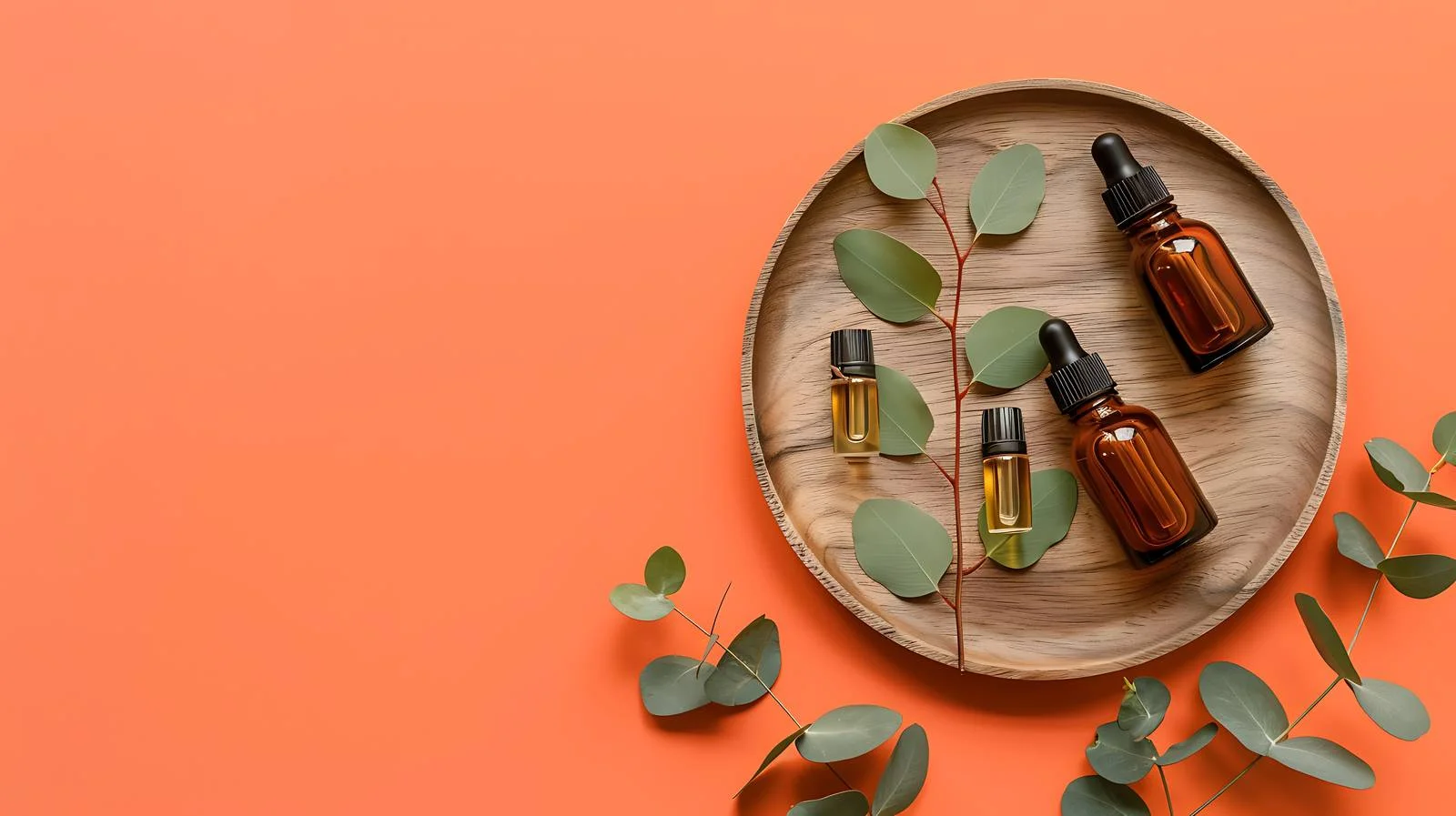 Cosmetic Oil Bottles on Wooden Plate — free download from Dotvec