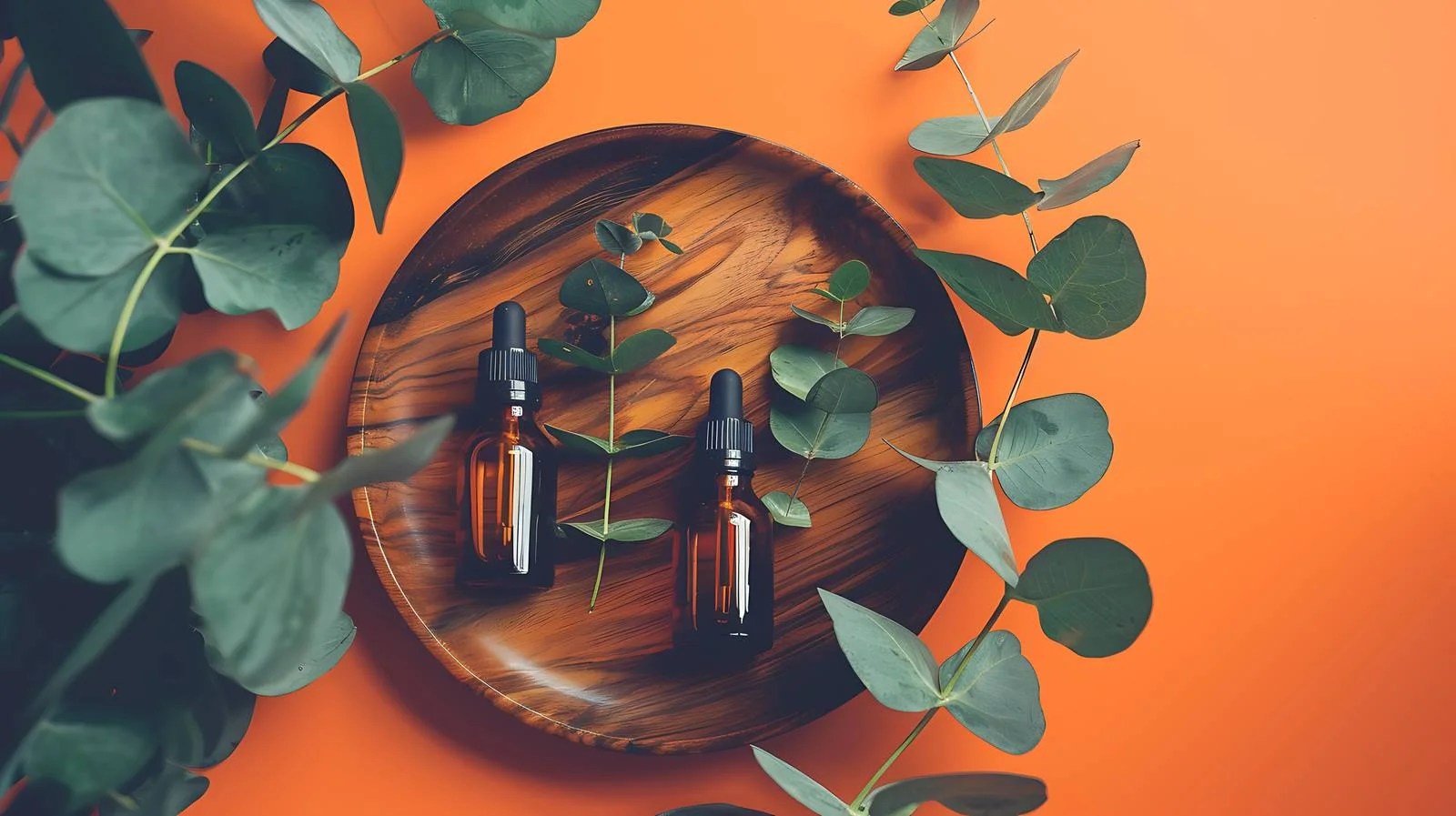 Cosmetic Oil Bottles on Wooden Plate — free download from Dotvec