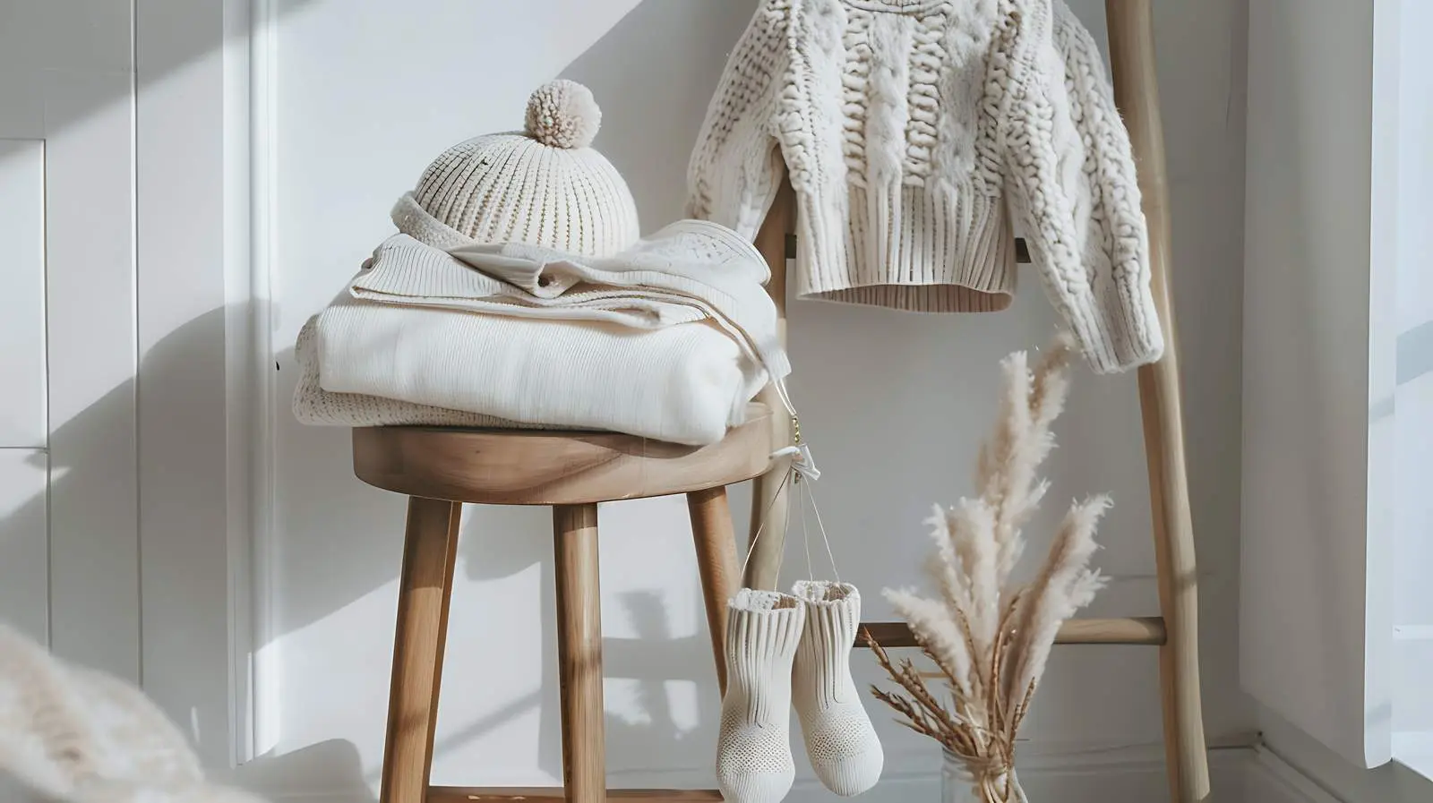 Cozy Hygge Wooden Stool with Pastel Accessories – free tool design image from Dotvec