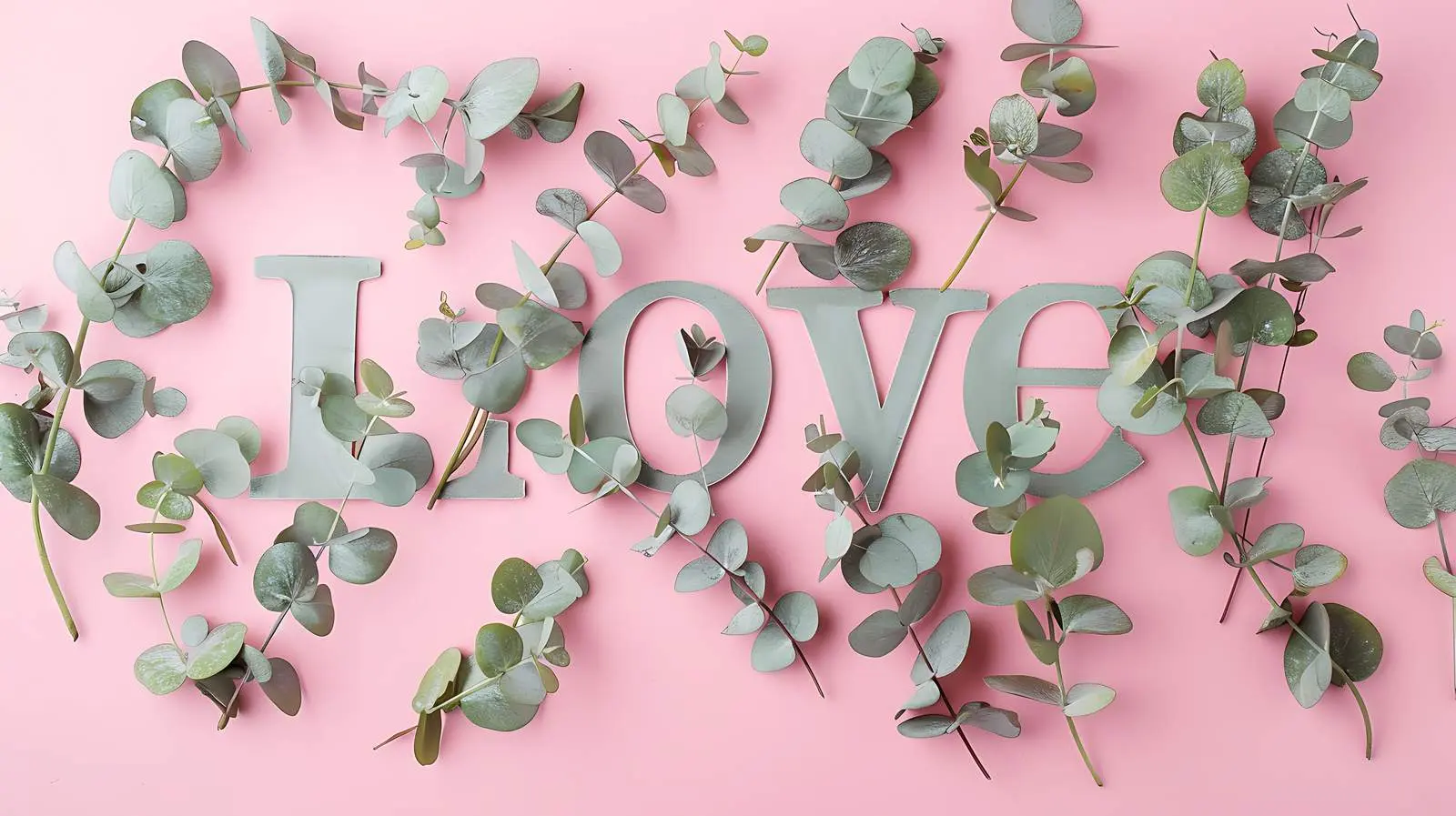 Eucalyptus Branches Love on Pastel Pink Background — free download from Dotvec