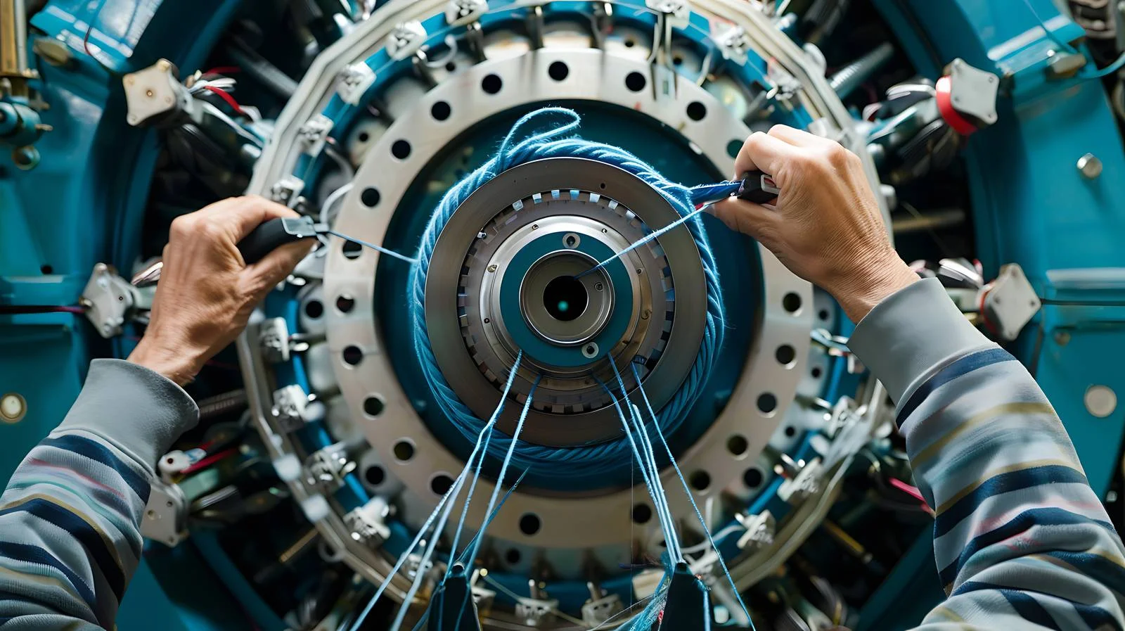Worker fine-tuning circular knitting machine setup – free specialized image from Dotvec