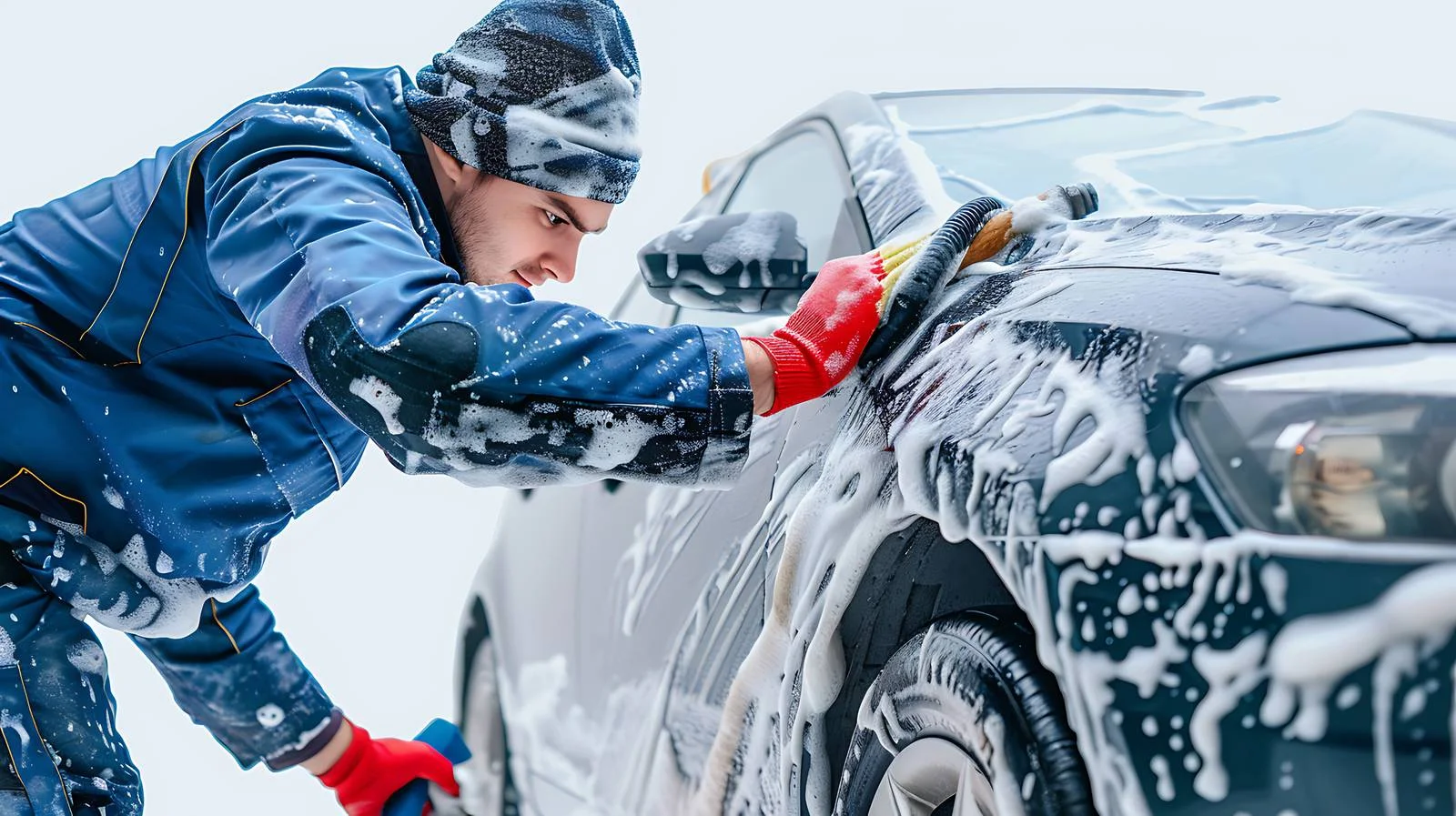Professional car detailing with foam at carwash — free download from Dotvec
