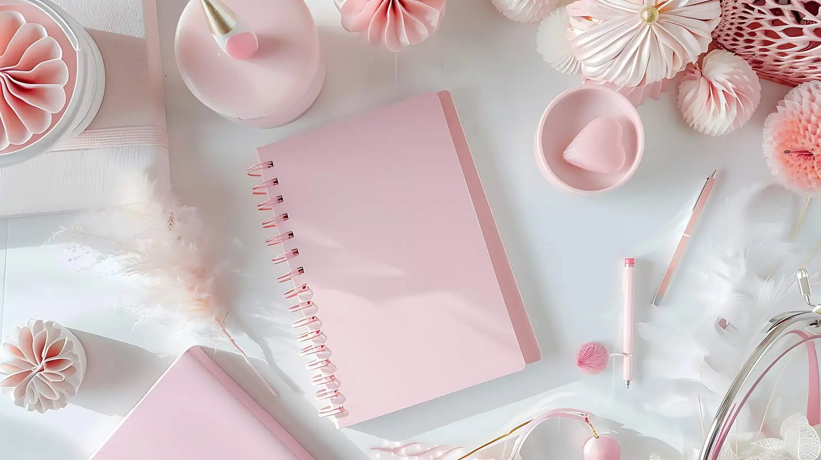 Stylish Workspace with Pale Pink Notebook and Decor – free school image from Dotvec