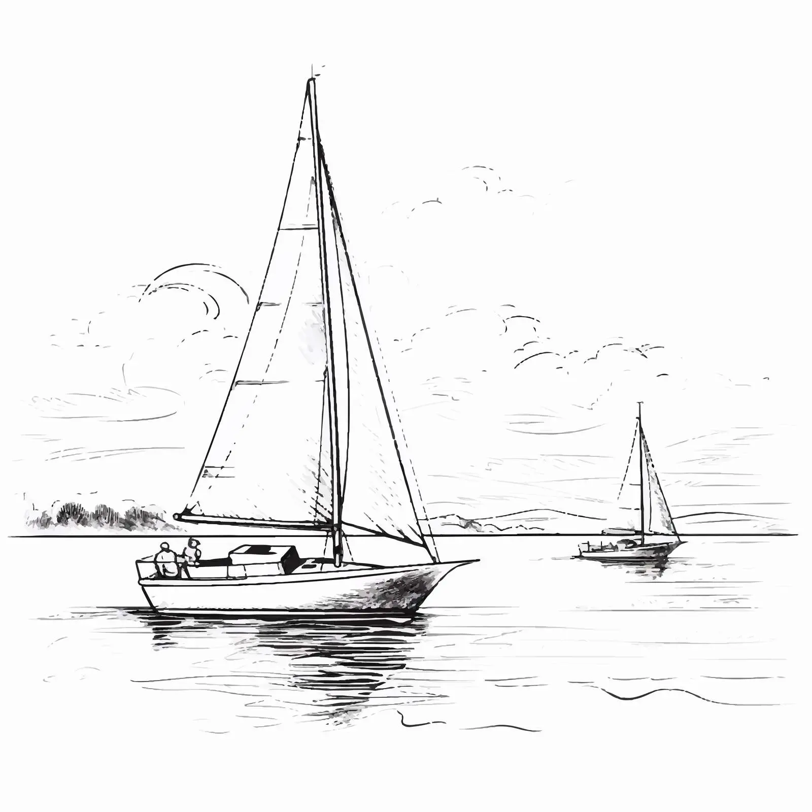 Serene Yacht Landscape Illustration in Black and White — free download from Dotvec