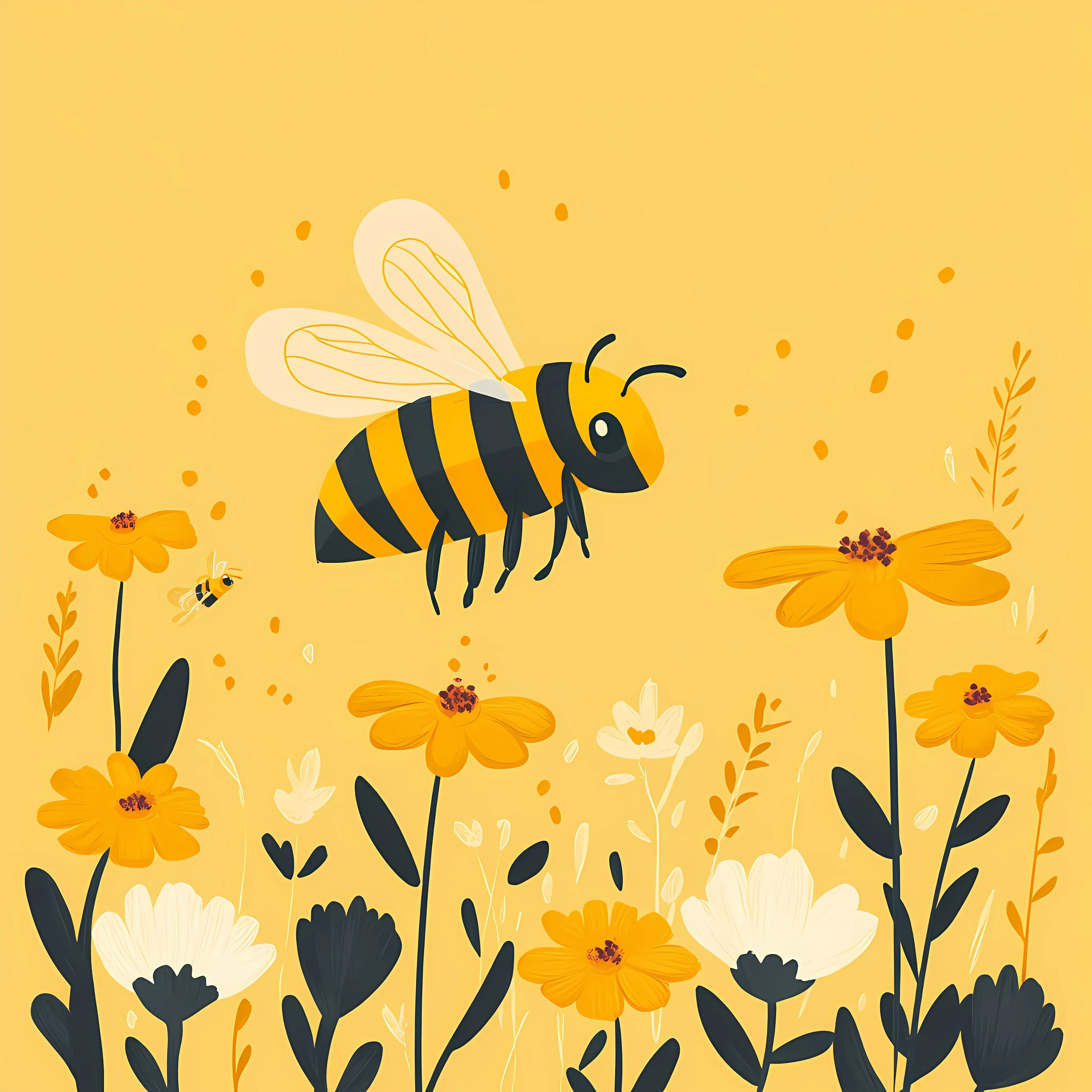 Yellow Bee Pollinating Flowers Vector Illustration — free download from Dotvec