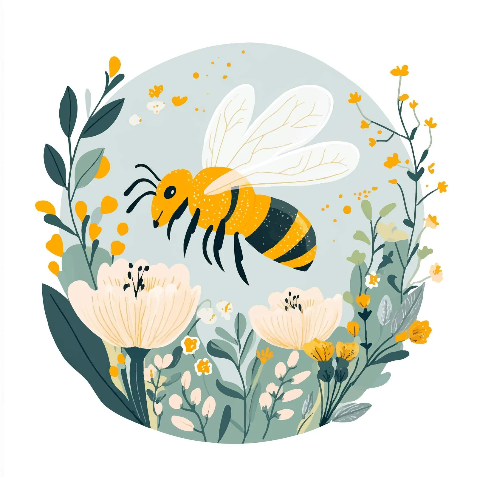 Yellow Bee Pollinating Flowers Vector Art — free download from Dotvec