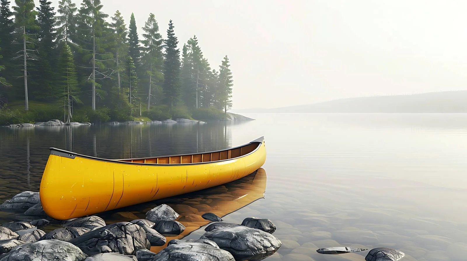 Tranquil Yellow Canoe on Rocky Lakeside — free download from Dotvec