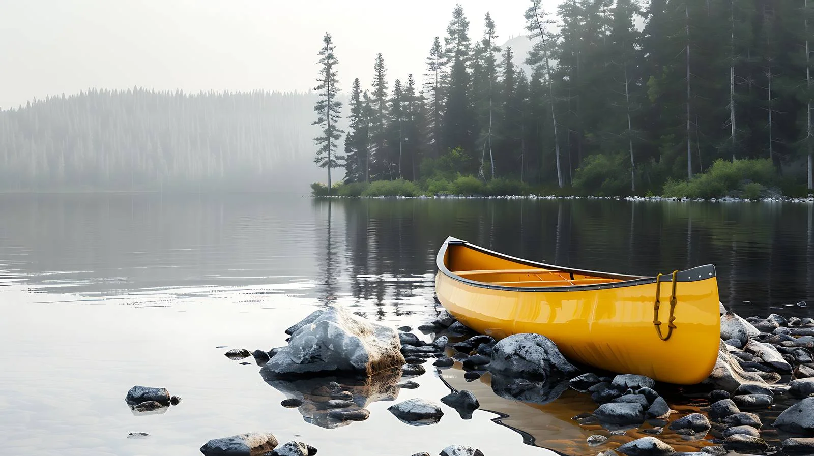 Tranquil yellow canoe by serene lake — free download from Dotvec