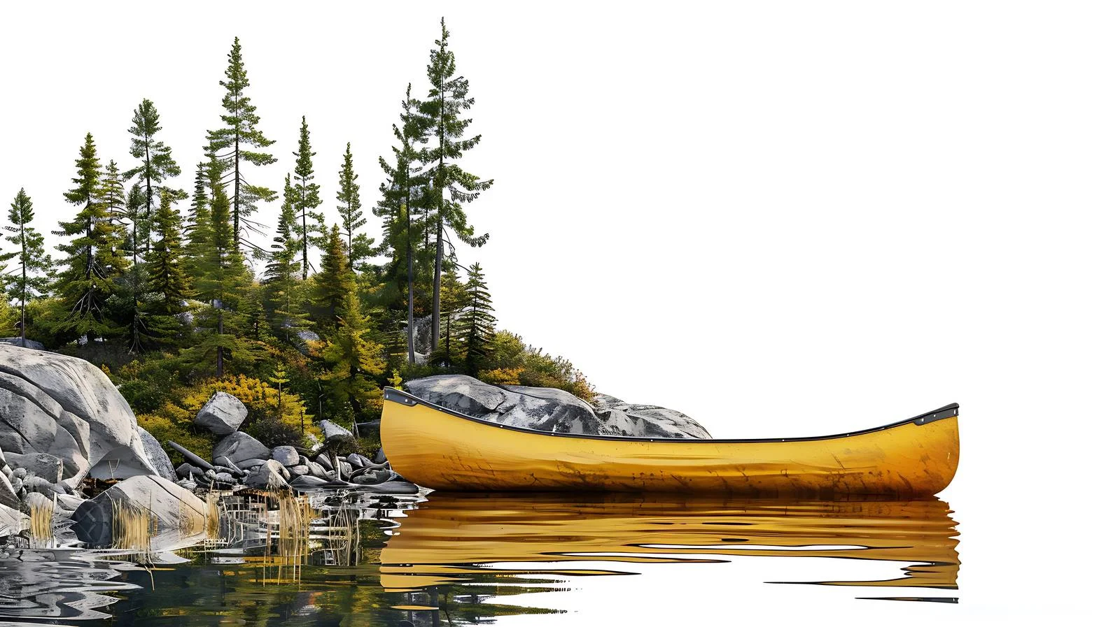 Tranquil Yellow Canoe on Rocky Lakeshore — free download from Dotvec
