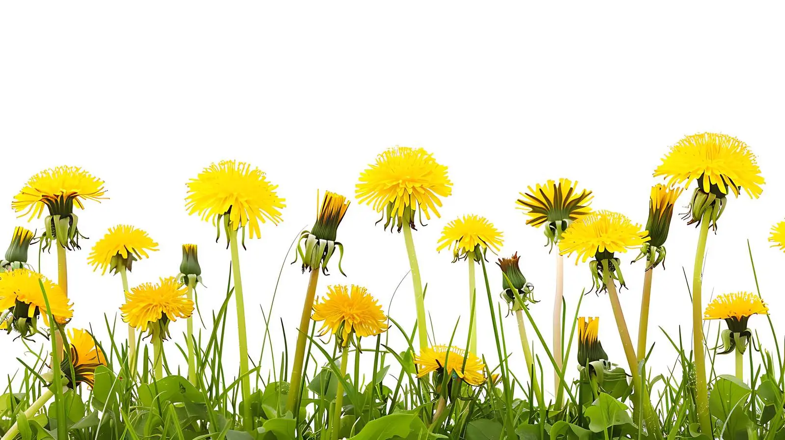 Bright Yellow Dandelion Flowers Isolated on White Background – free field of flowers image from Dotvec
