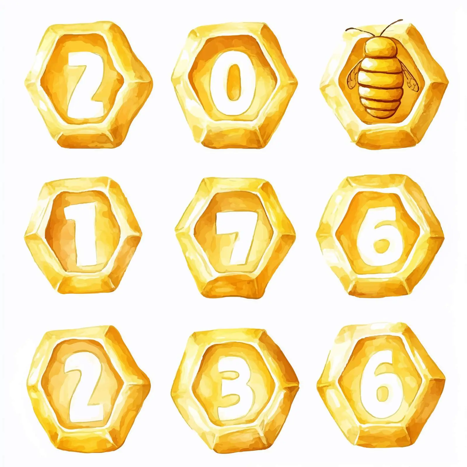 Honeycomb Texture with Yellow Numbers Watercolor Set — free download from Dotvec