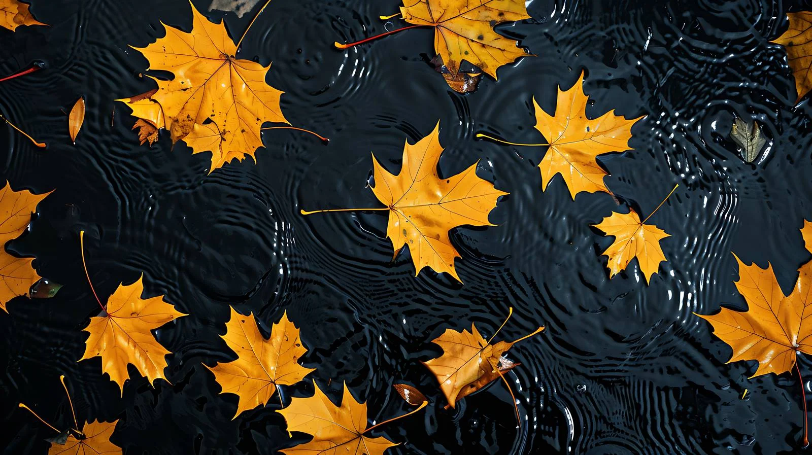 Golden Maple Leaves Drifting Across Dark Water — free download from Dotvec