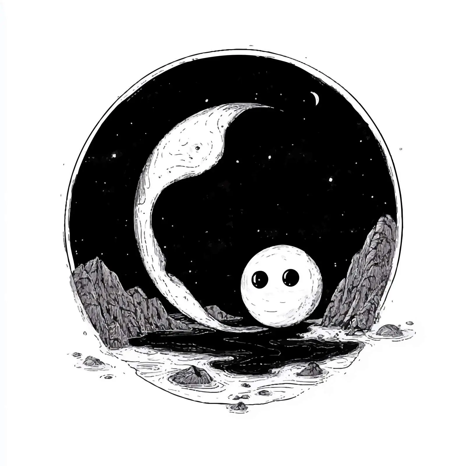 Black and White Yin Yang Cartoon Vector Illustration — free download from Dotvec