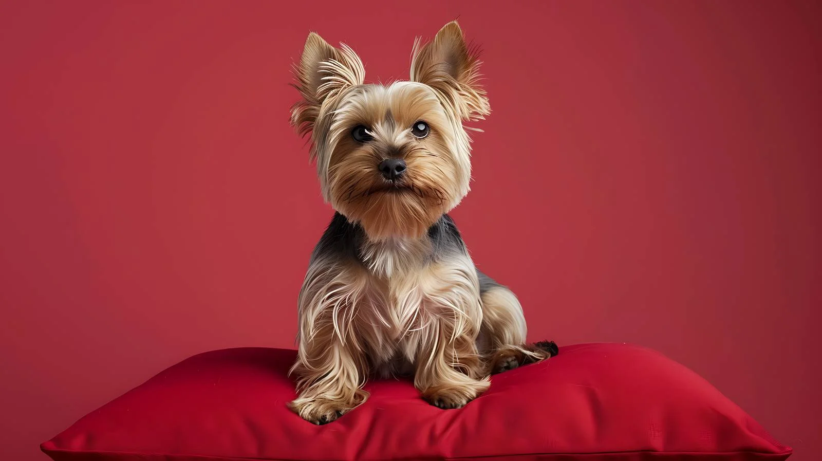 Elegant Yorkshire Terrier on Red Background and Pillow — free download from Dotvec