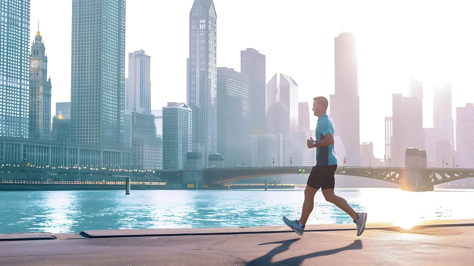 Urban riverfront jogging for youthful athlete — free download from Dotvec